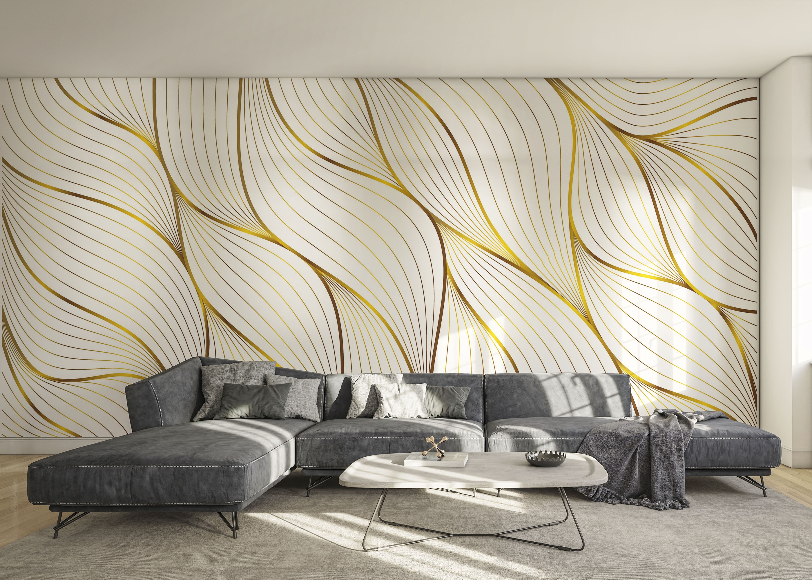 Фототапет Abstract Gold Leaves в спалня с топли тонове