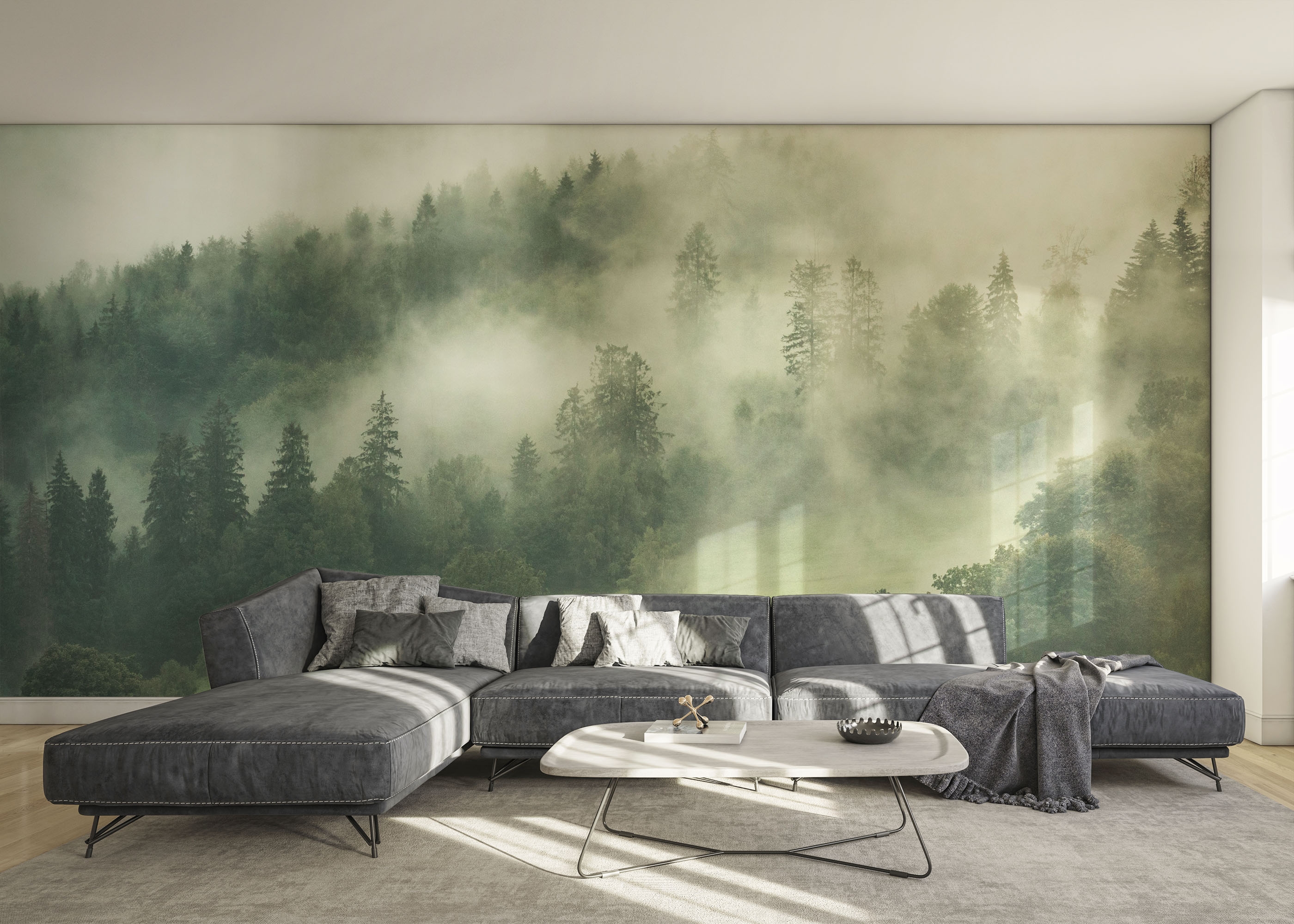 Фототапет Green Forest Fog като акцентна стена в спалня