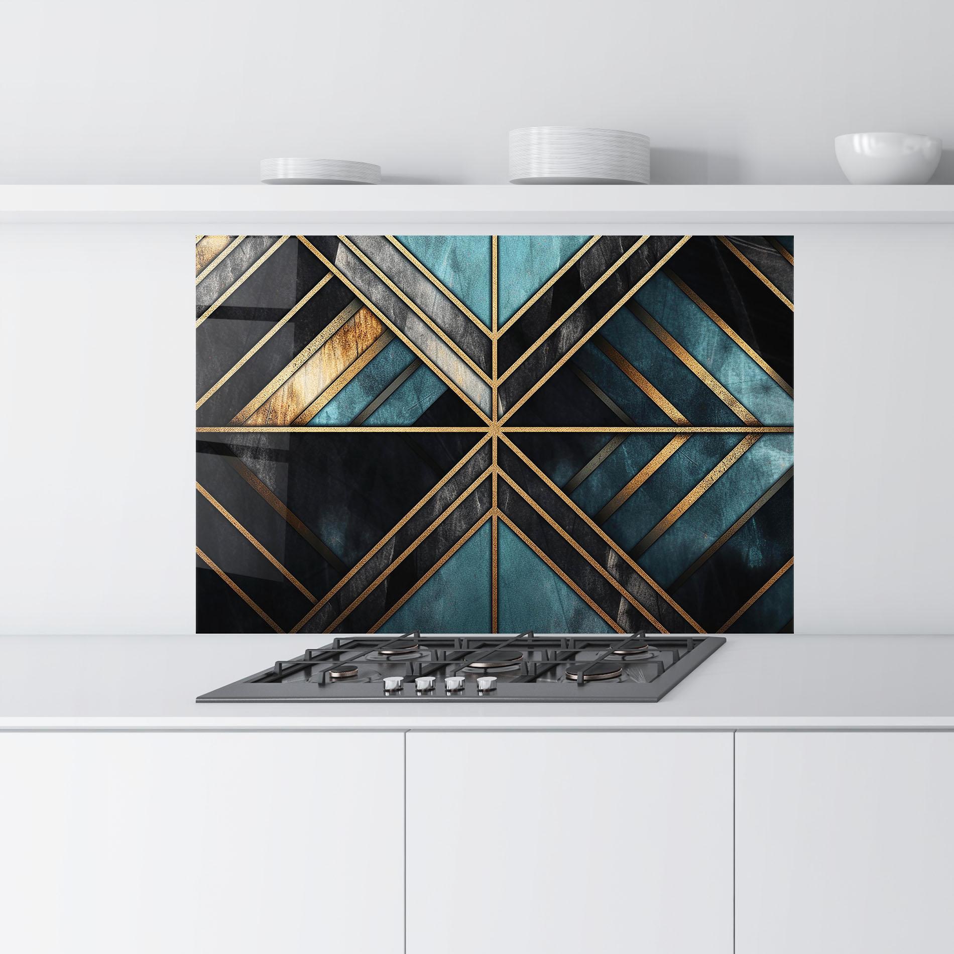 Стъклен панел за кухня Gold Lines On Blue Painting mockup 9