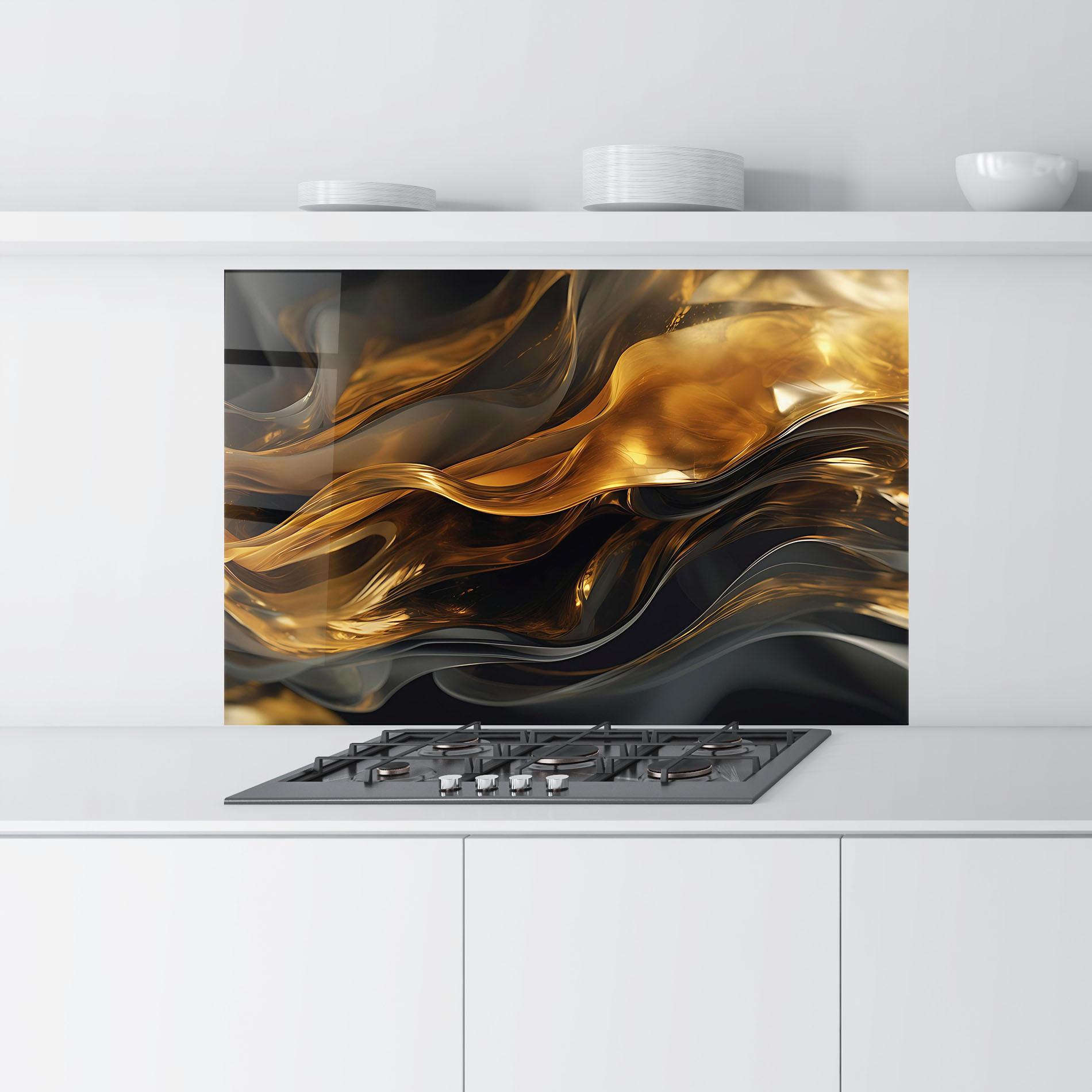 Стъклен панел за кухня Gold With Black Wave mockup 9