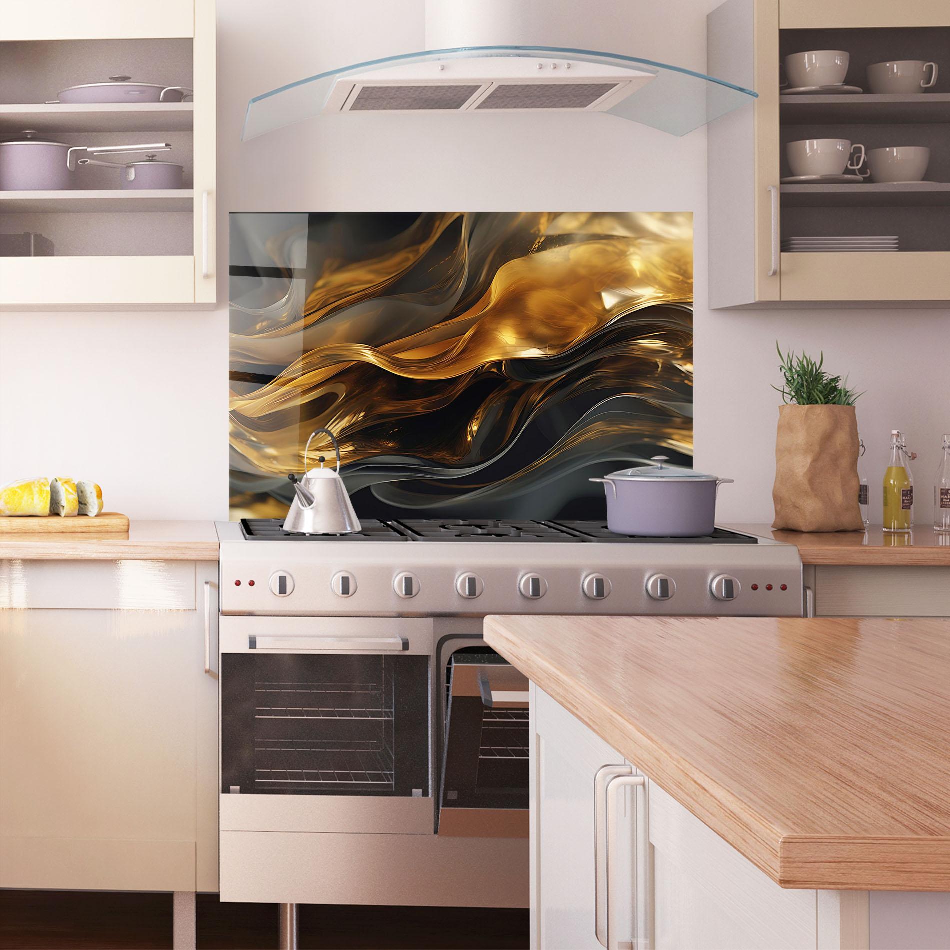 Стъклен панел за кухня Gold With Black Wave mockup 1