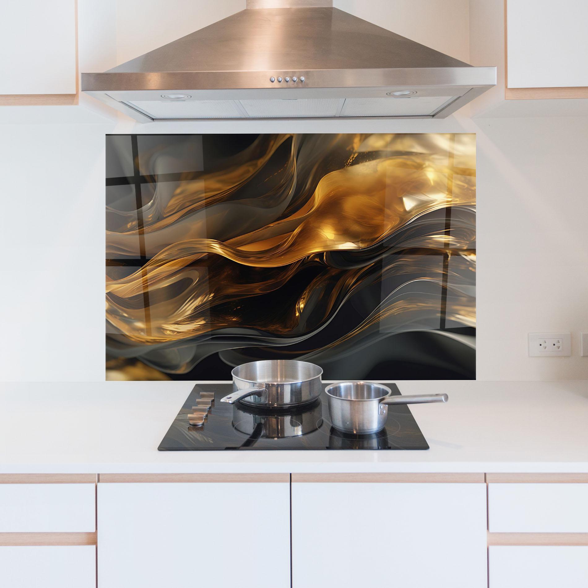 Стъклен панел за кухня Gold With Black Wave mockup 5