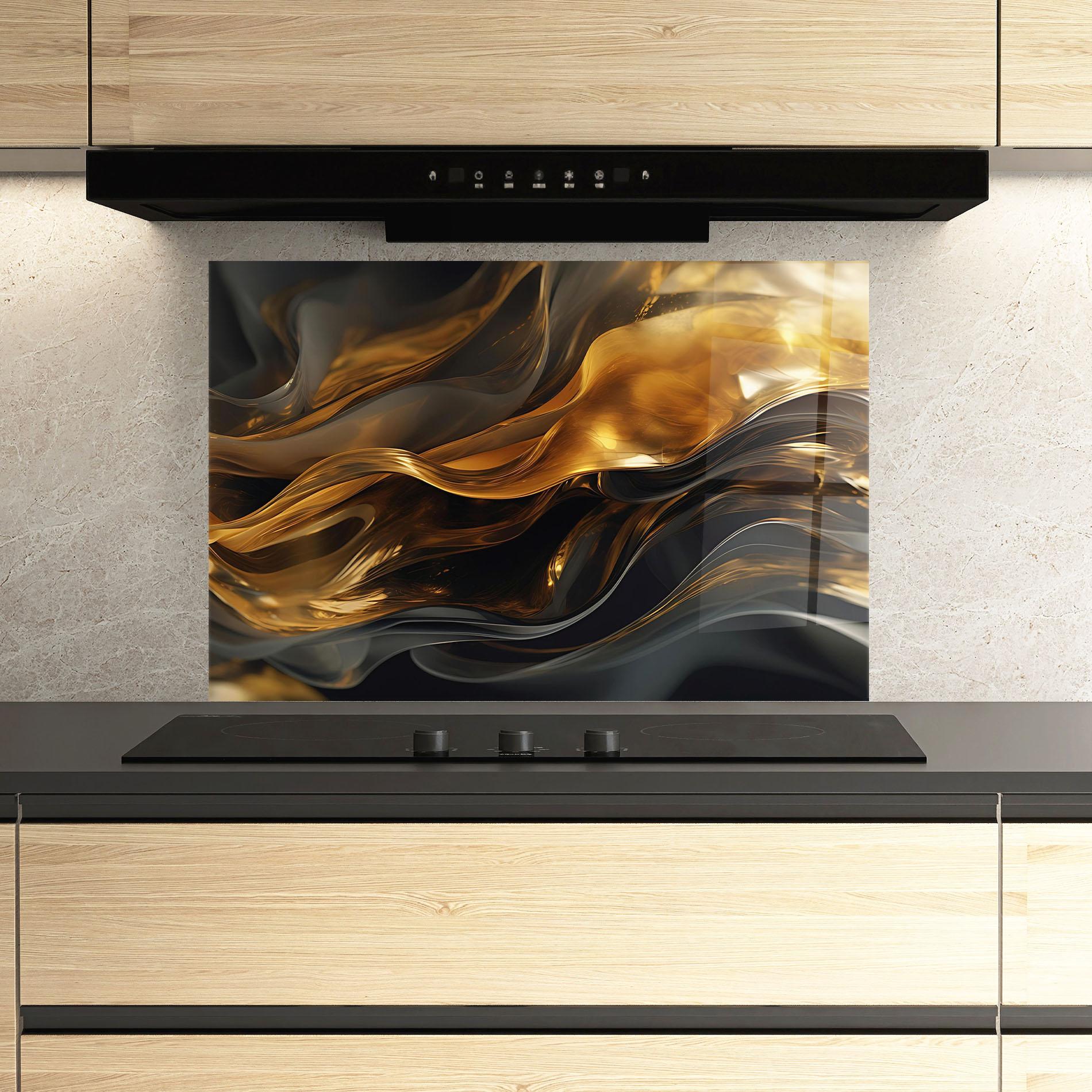 Стъклен панел за кухня Gold With Black Wave mockup 3