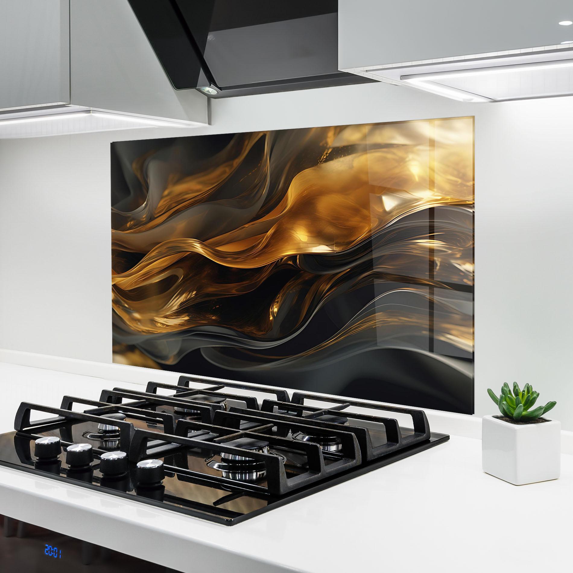 Стъклен панел за кухня Gold With Black Wave mockup 6