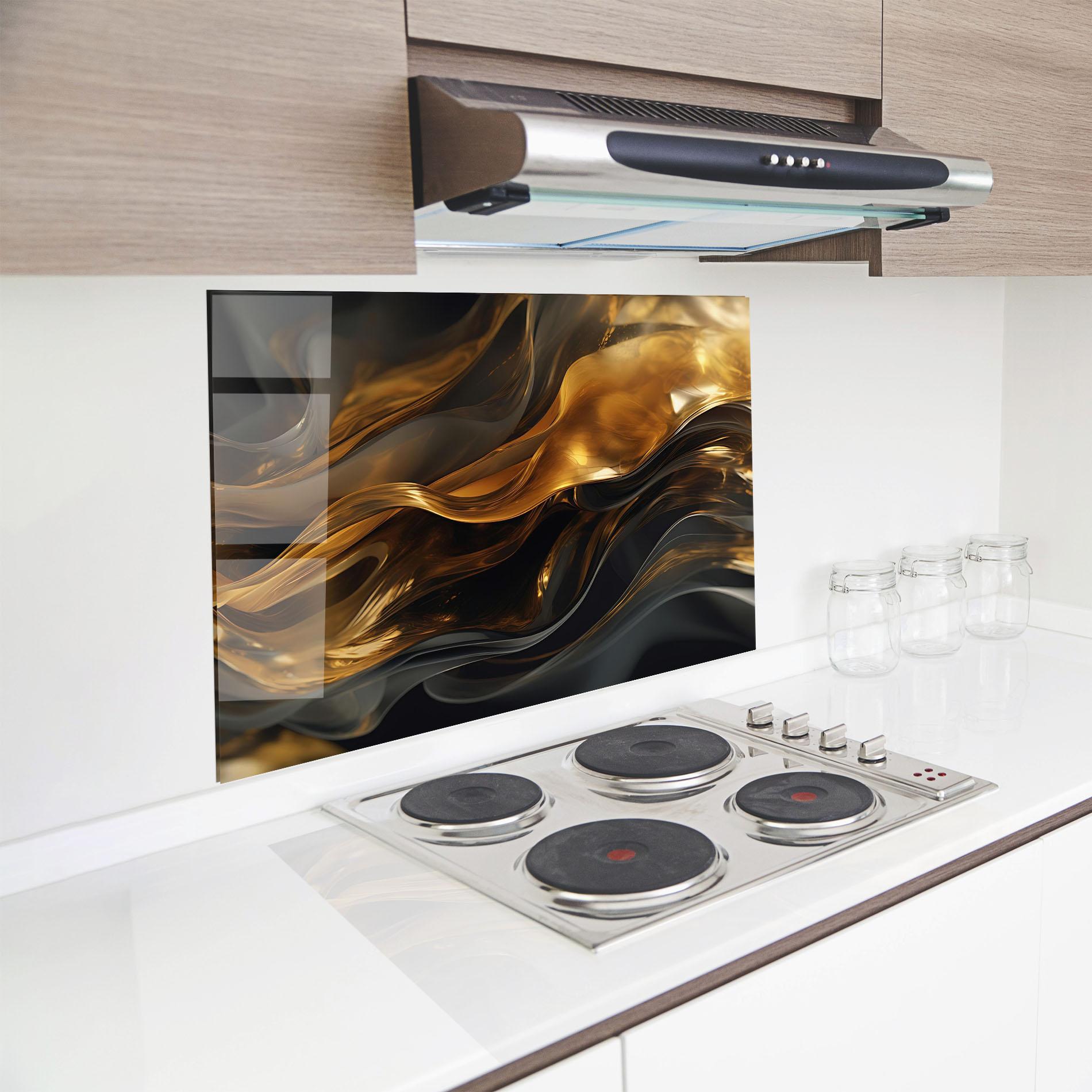 Стъклен панел за кухня Gold With Black Wave mockup 8