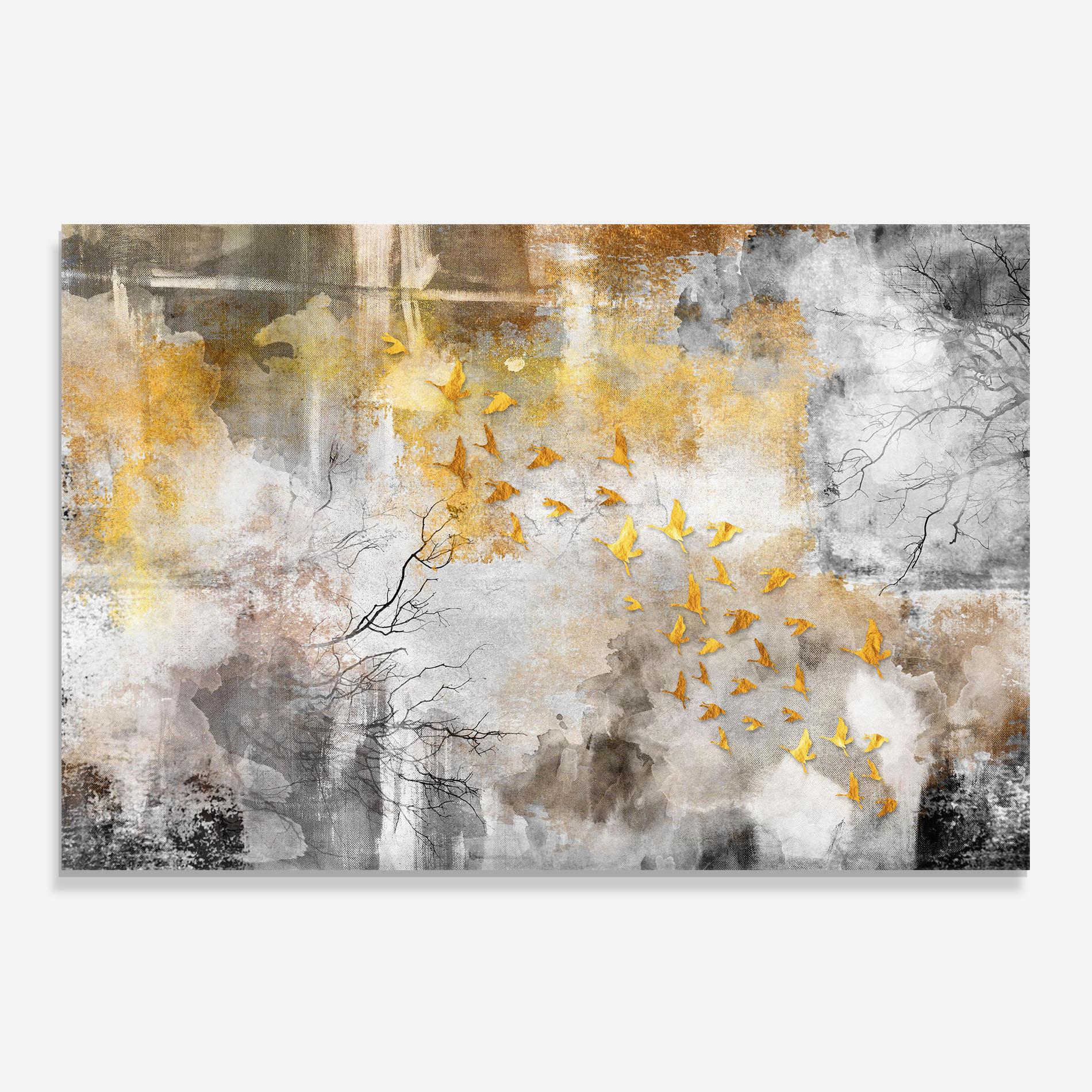 Стъклен панел за кухня Gold Birds Flying mockup 0