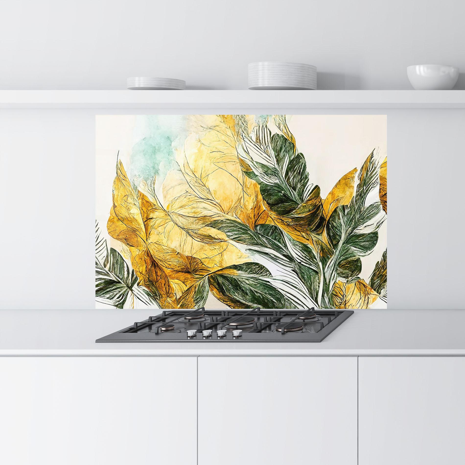 Стъклен панел за кухня Gold And Green Leafes mockup 9