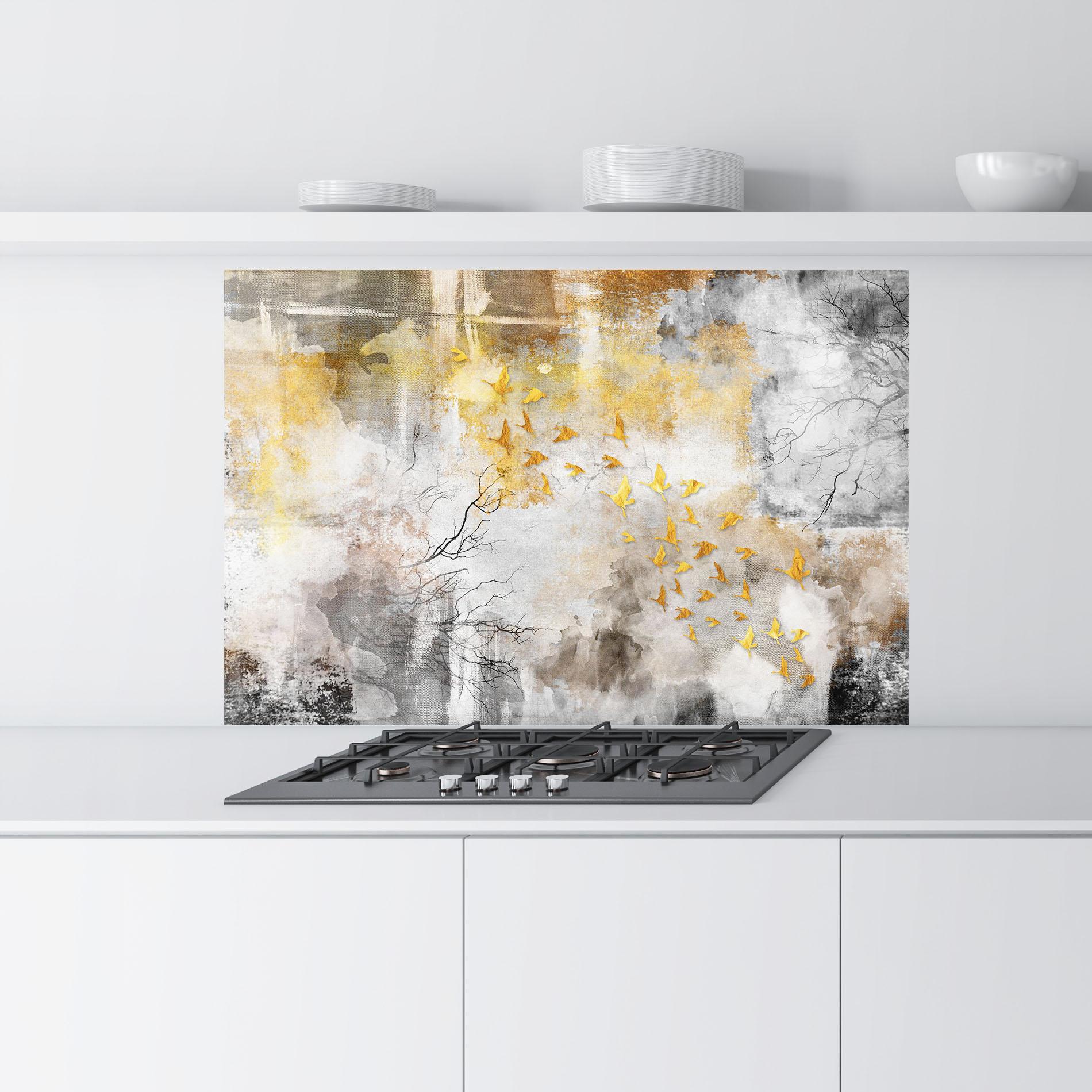 Стъклен панел за кухня Gold Birds Flying mockup 9