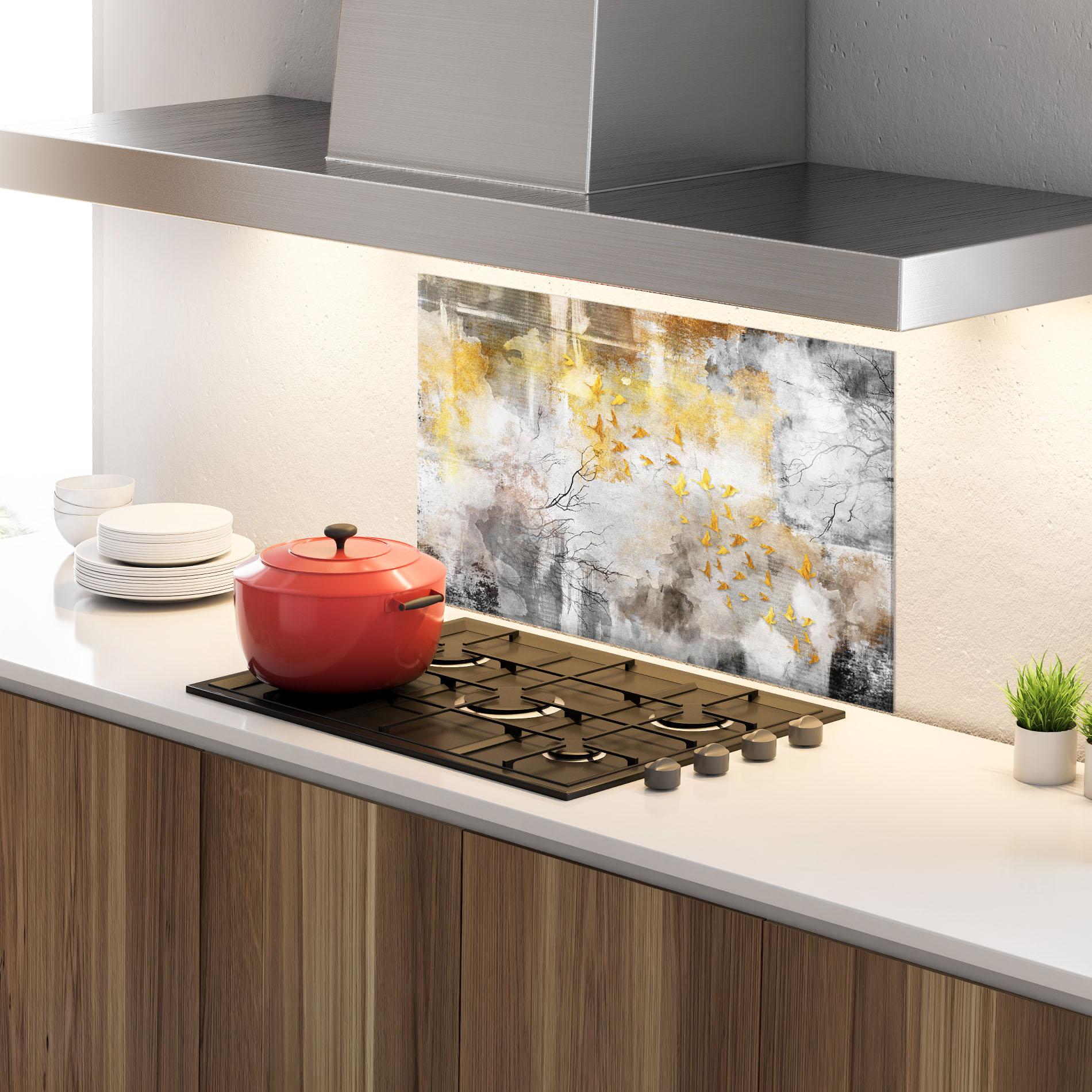 Стъклен панел за кухня Gold Birds Flying mockup 4