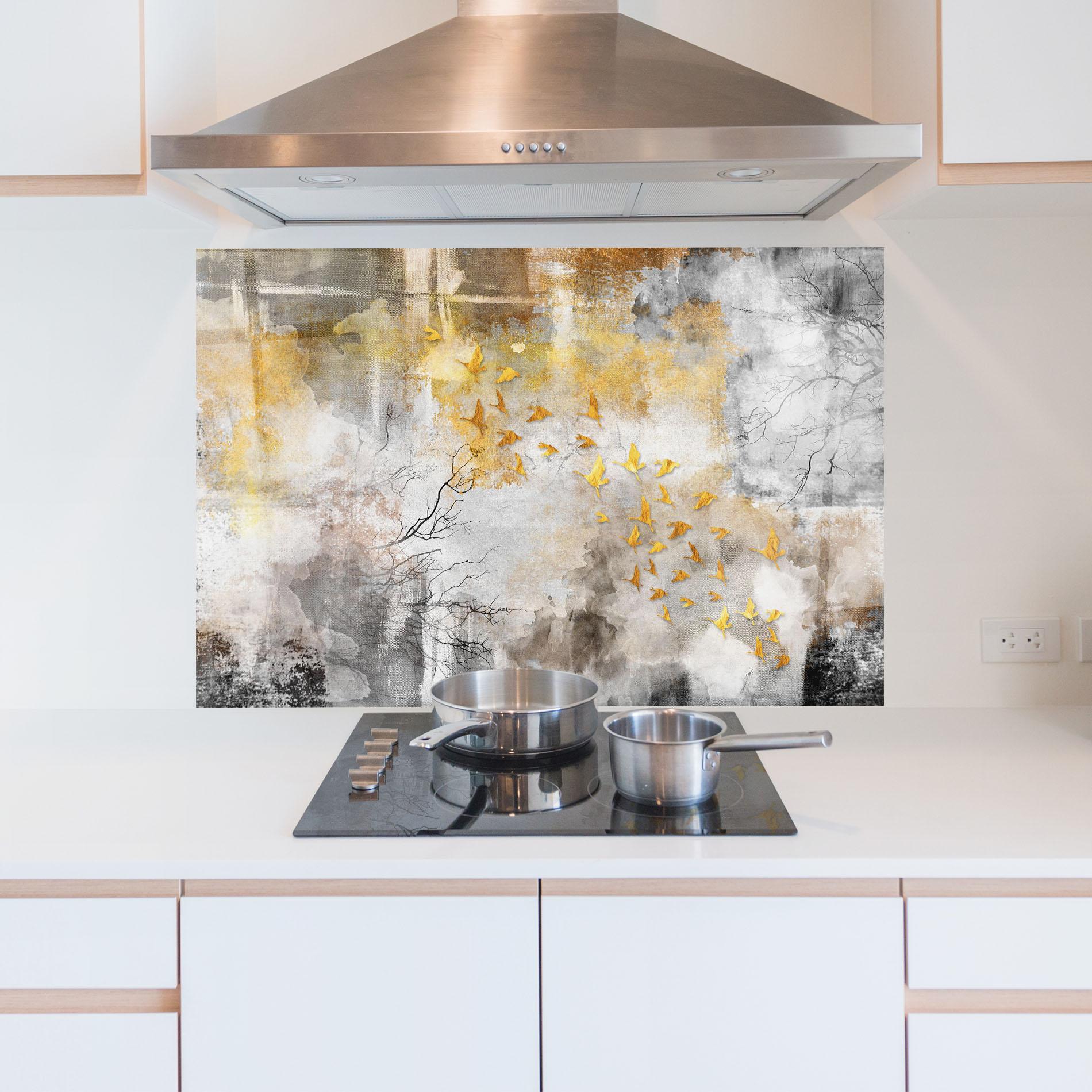 Стъклен панел за кухня Gold Birds Flying mockup 5