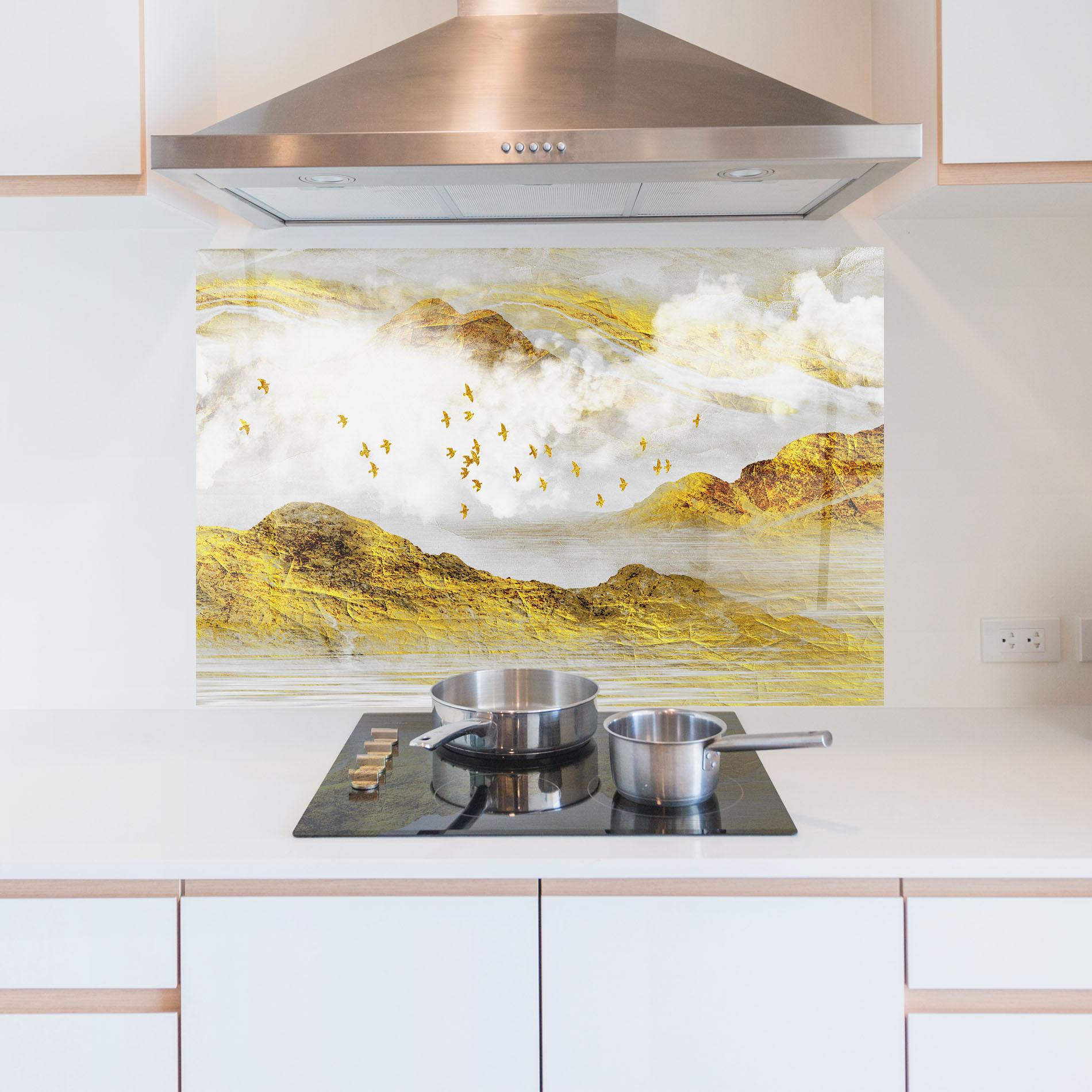 Стъклен панел за кухня Gold Mountains Abstract mockup 5