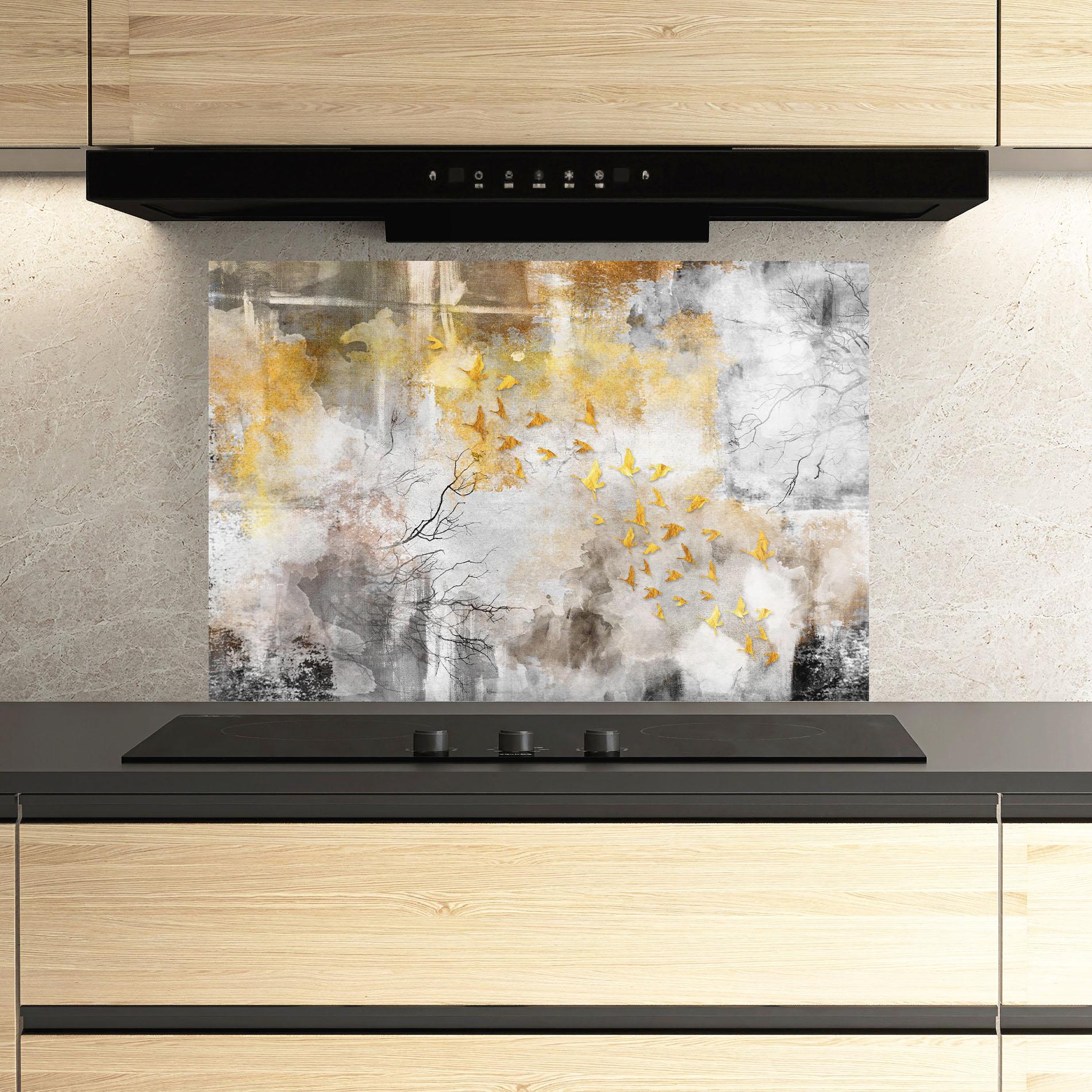 Стъклен панел за кухня Gold Birds Flying mockup 3