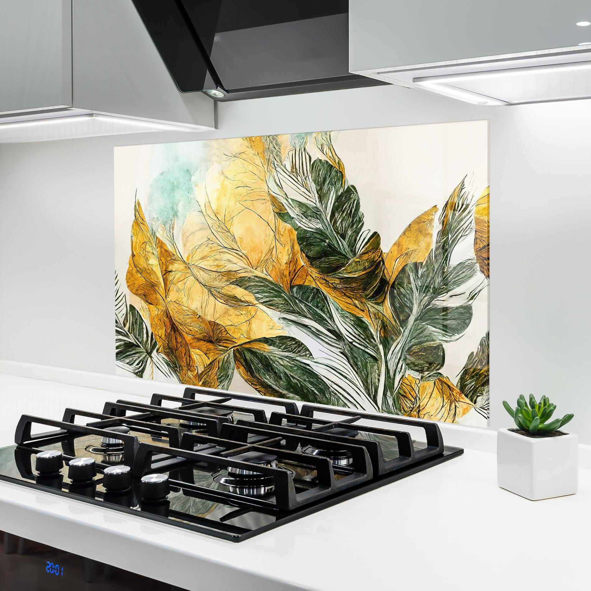 Стъклен панел за кухня Gold And Green Leafes mockup 6