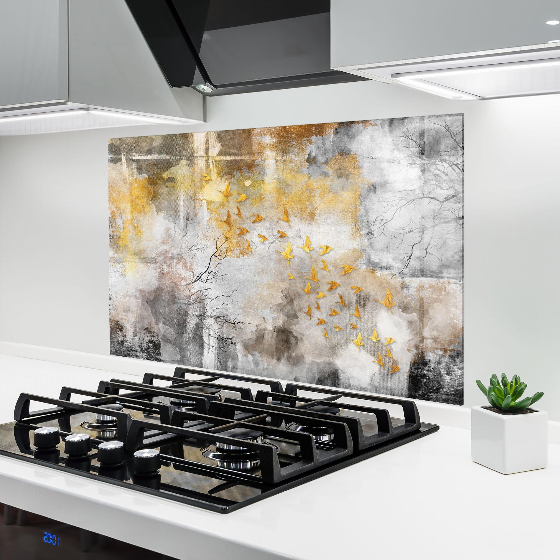 Стъклен панел за кухня Gold Birds Flying mockup 6