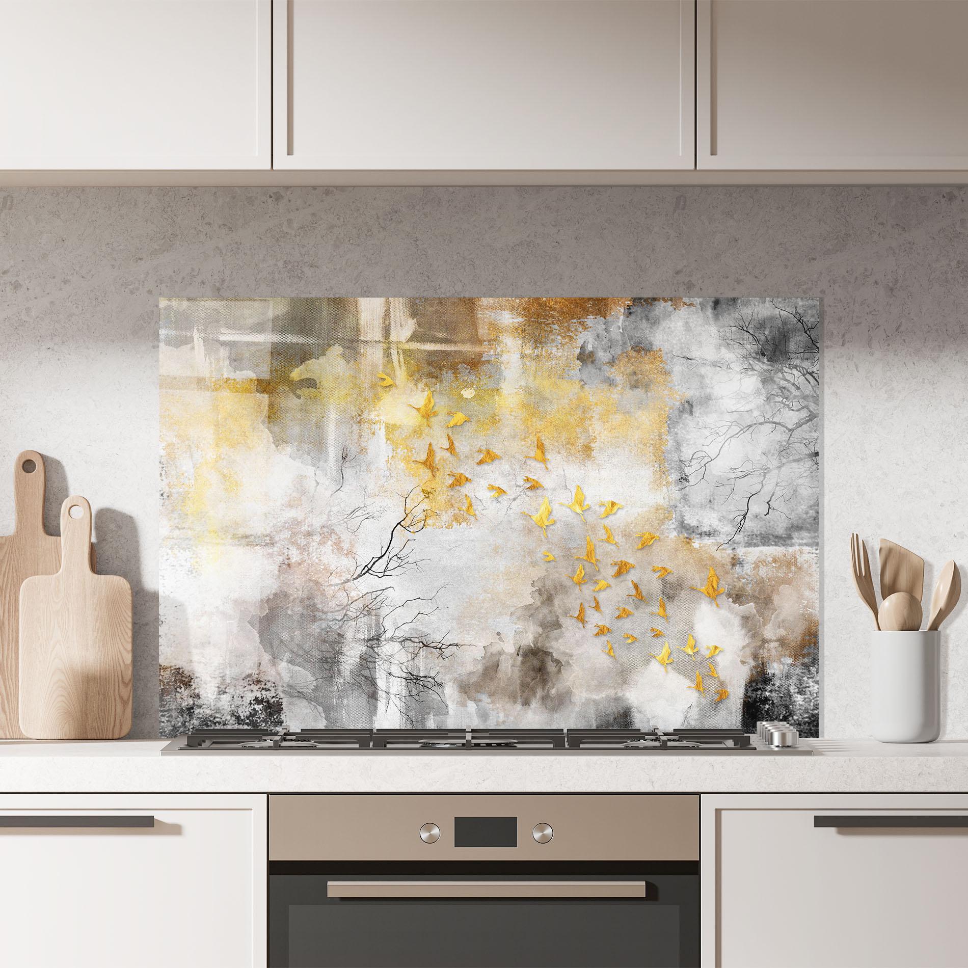 Стъклен панел за кухня Gold Birds Flying mockup 7