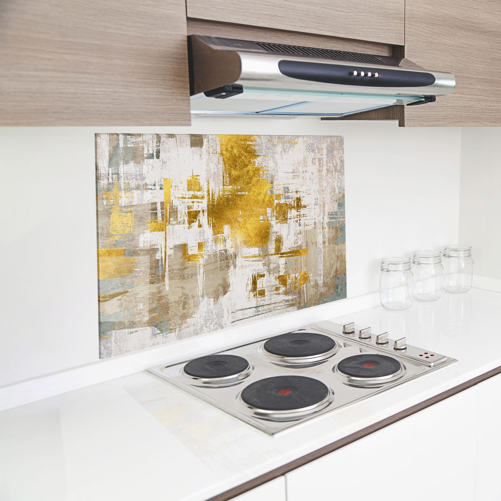Стъклен панел за кухня Gold And White Brush mockup 8