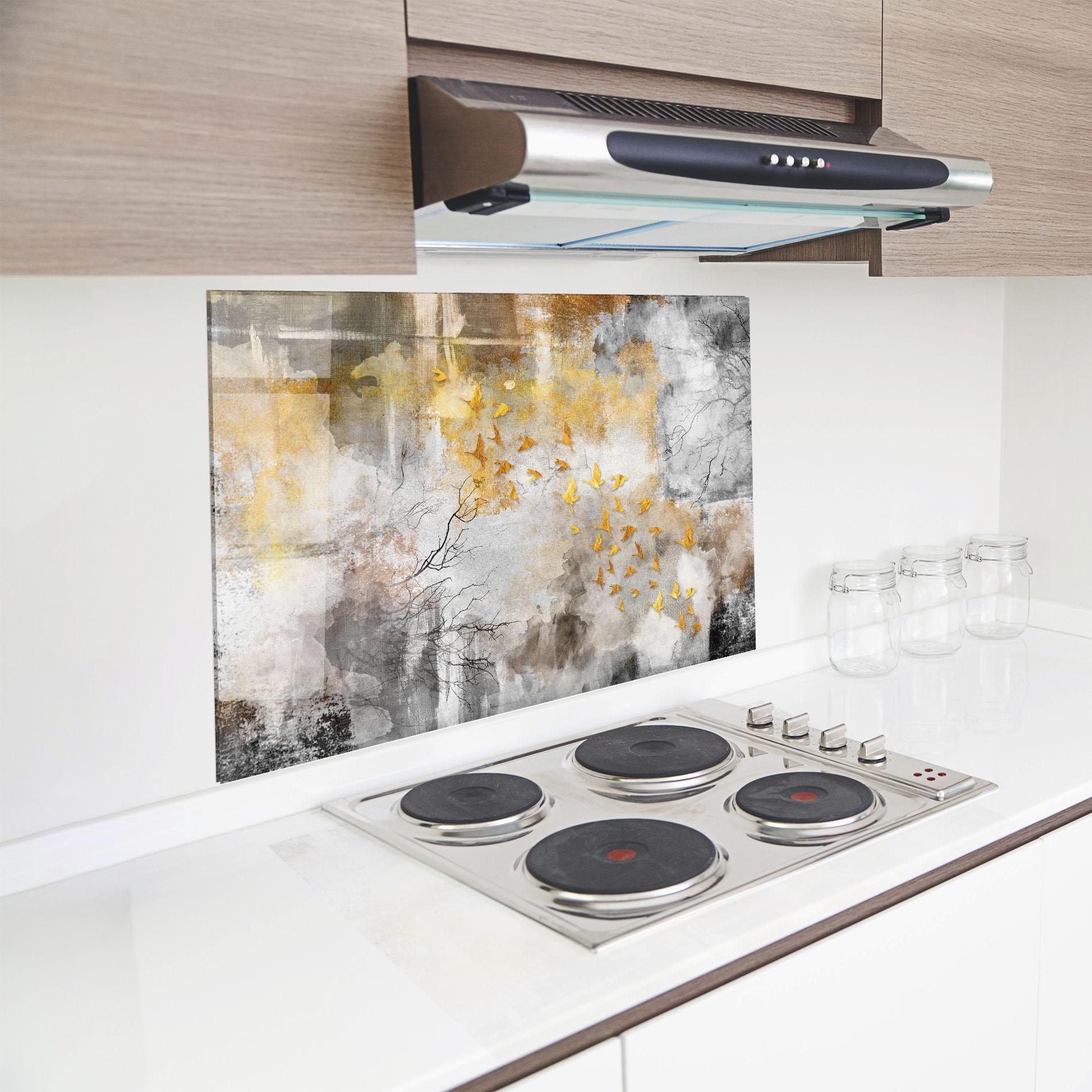 Стъклен панел за кухня Gold Birds Flying mockup 8