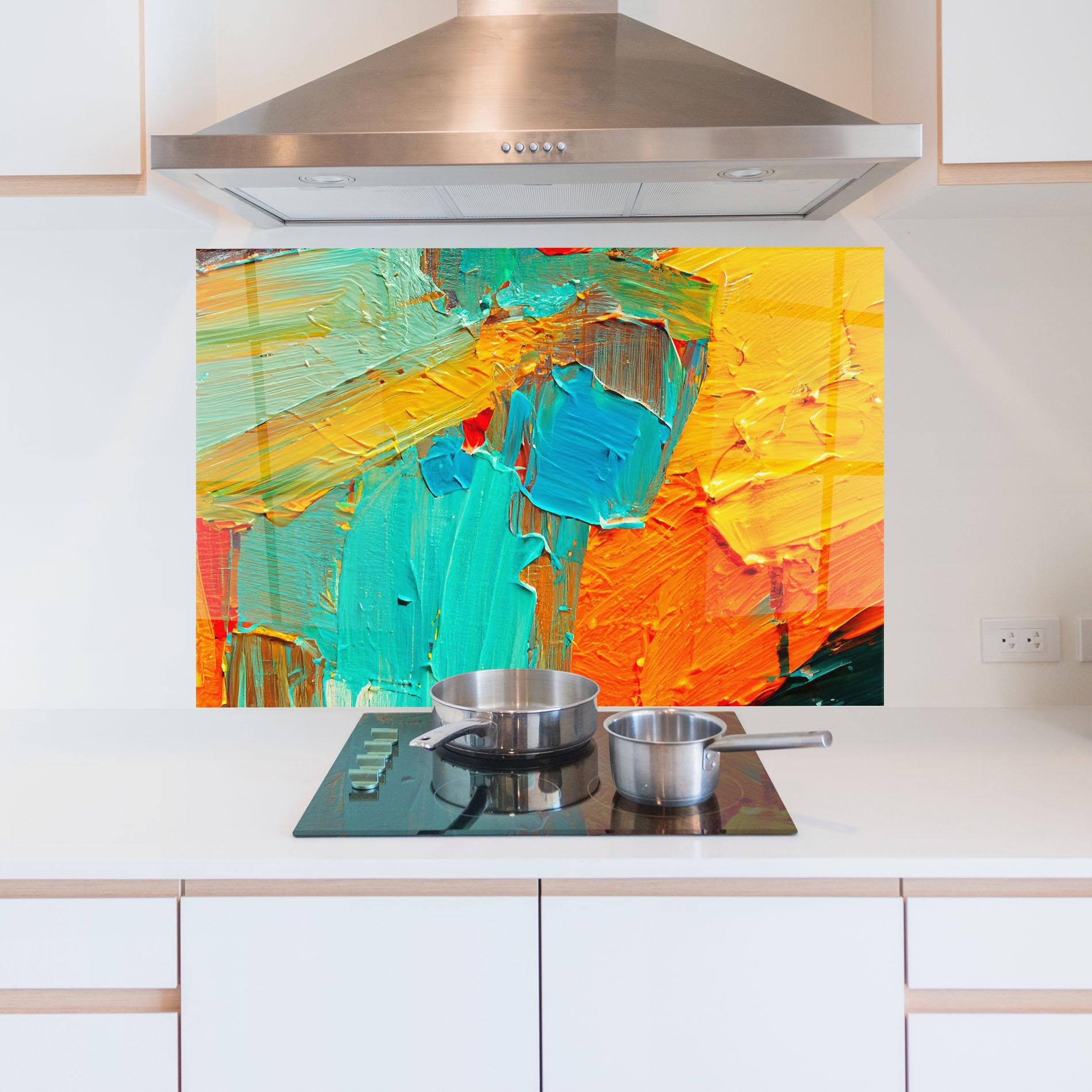 Стъклен панел за кухня Orange Blue Painting mockup 5