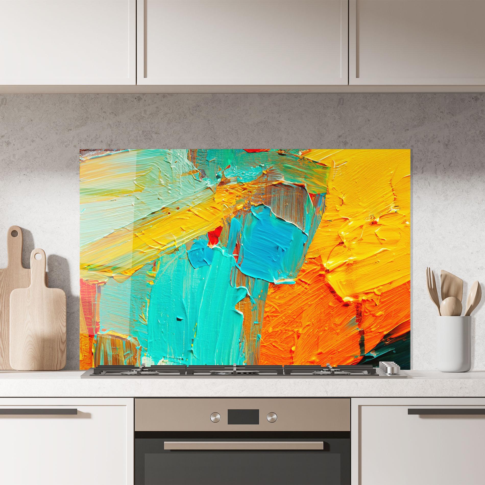 Стъклен панел за кухня Orange Blue Painting mockup 7