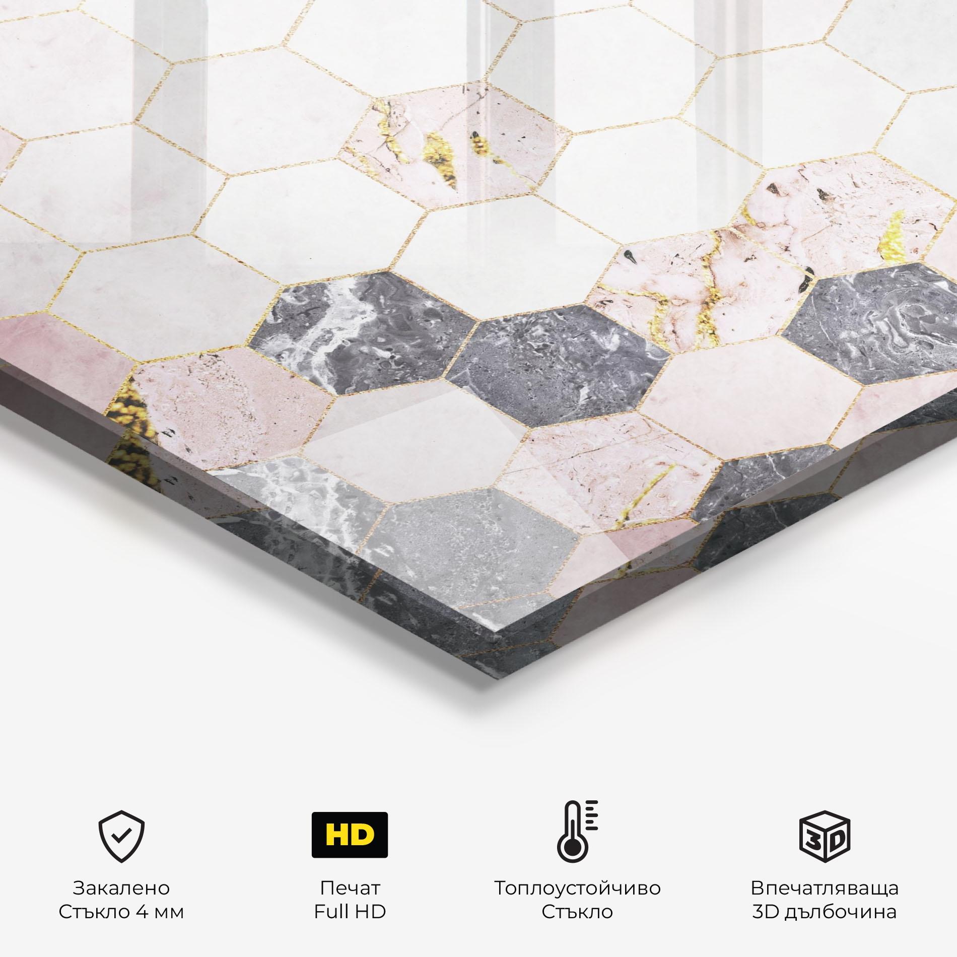 Стъклен панел за кухня Grey Pink Hexagon mockup 2