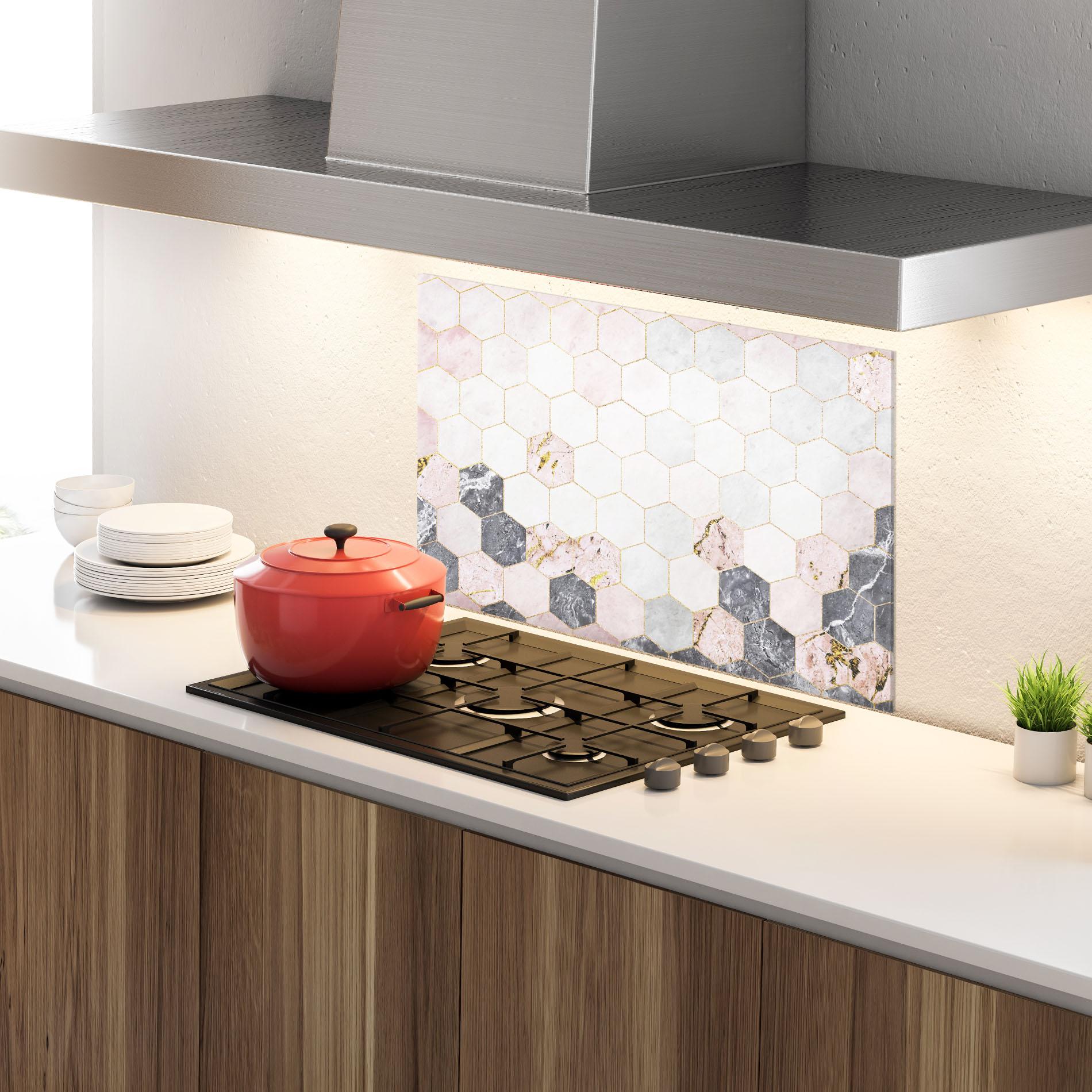 Стъклен панел за кухня Grey Pink Hexagon mockup 4