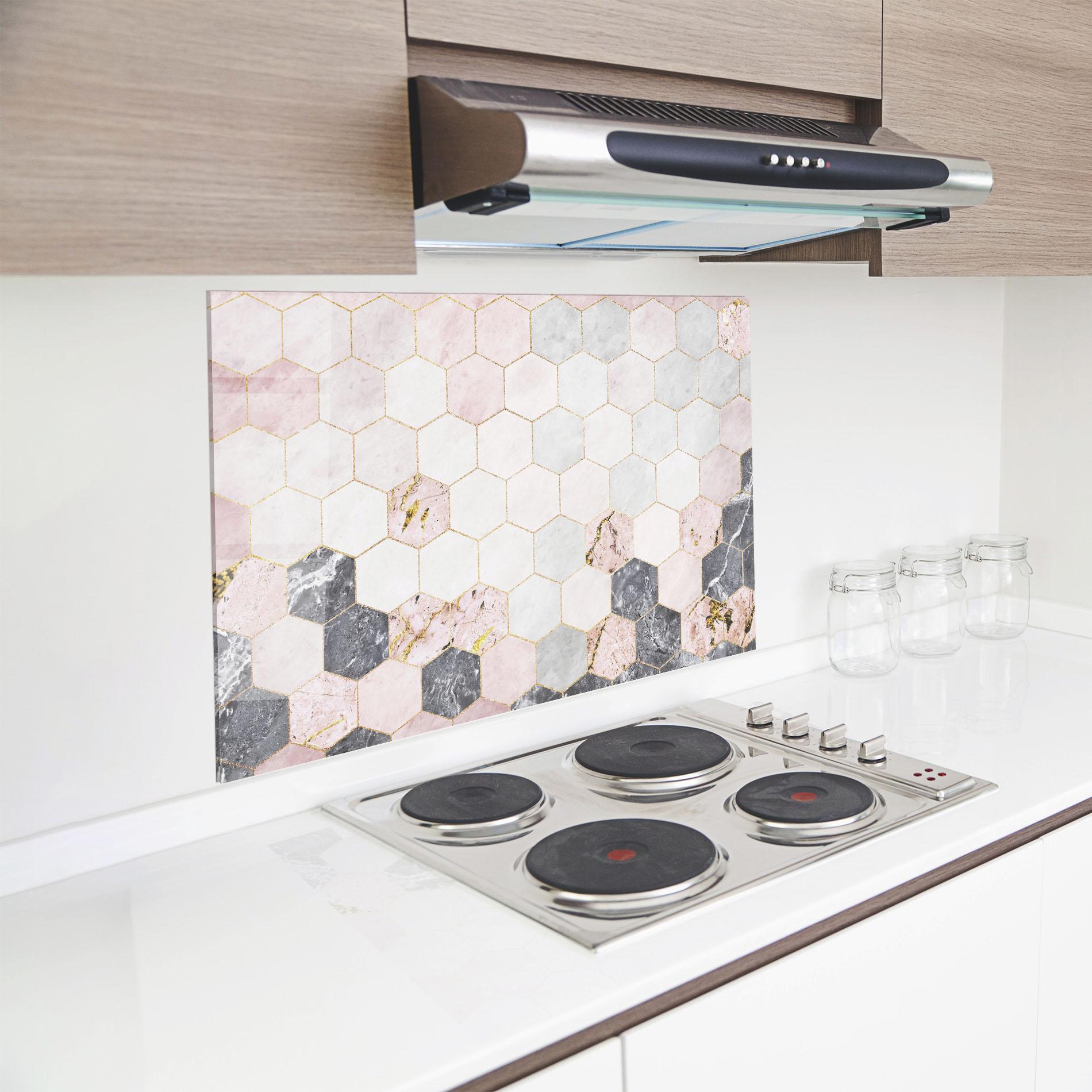 Стъклен панел за кухня Grey Pink Hexagon mockup 8
