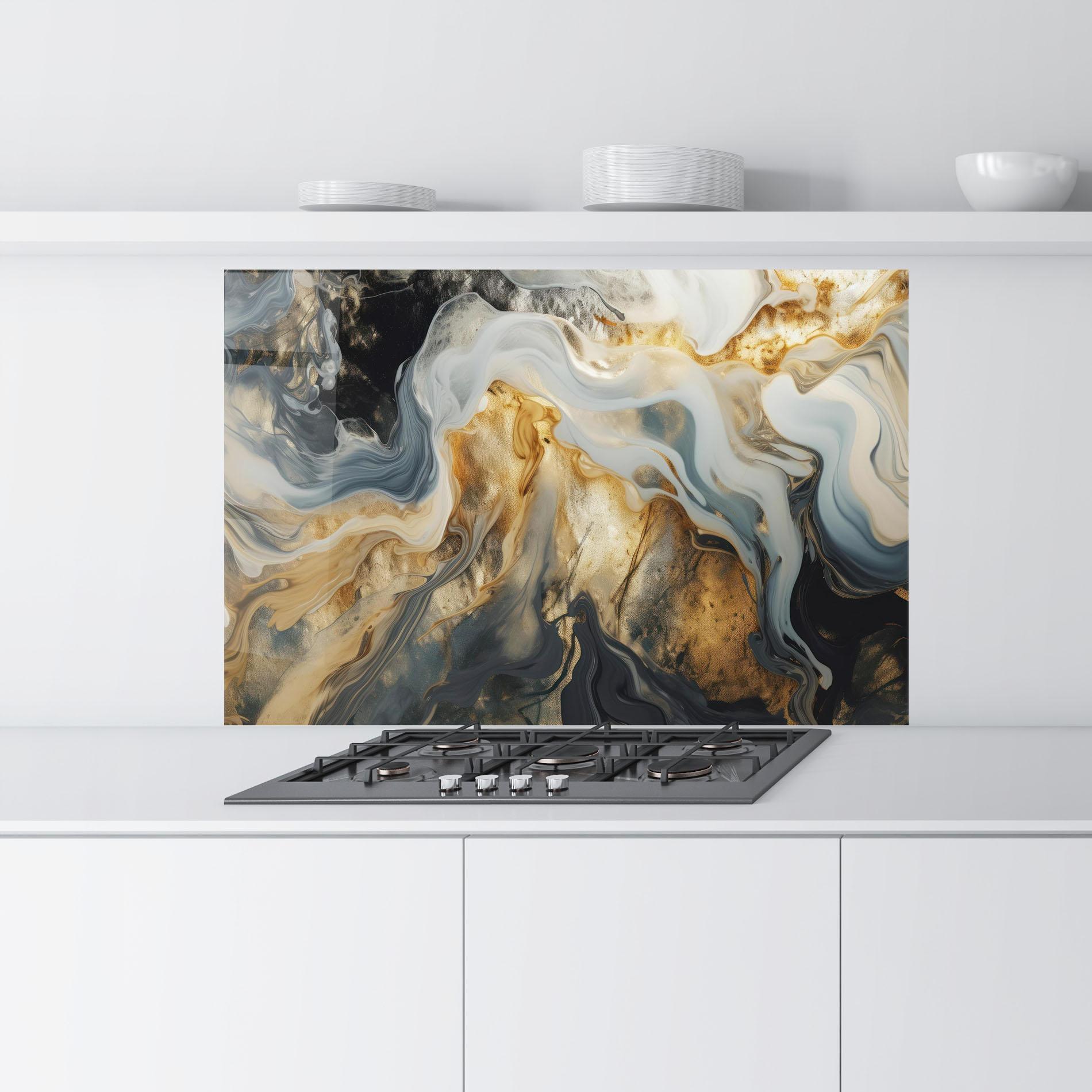Стъклен панел за кухня Grey Gold Liquid Marble mockup 9