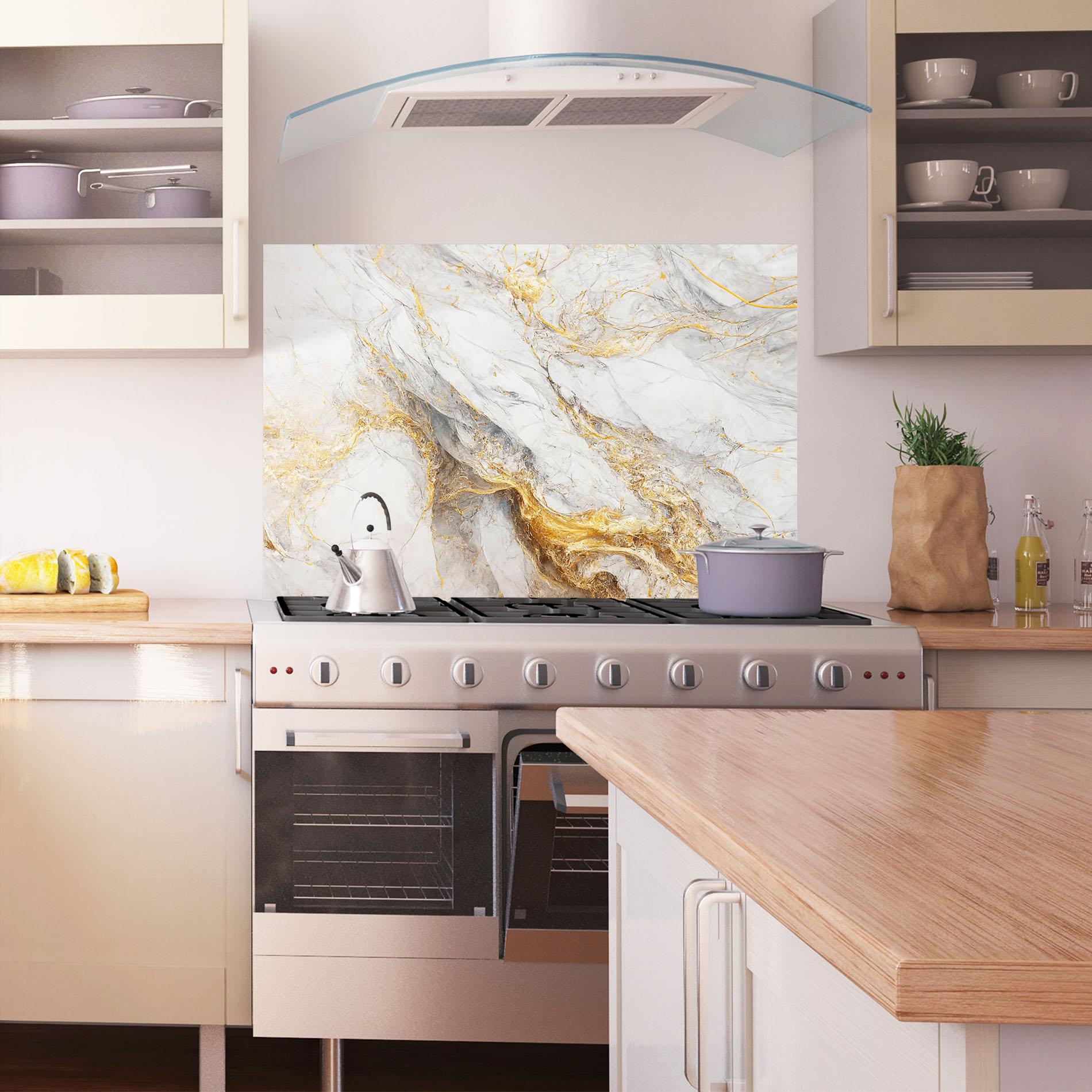 Стъклен панел за кухня Gold Liquid Grey Marble mockup 1
