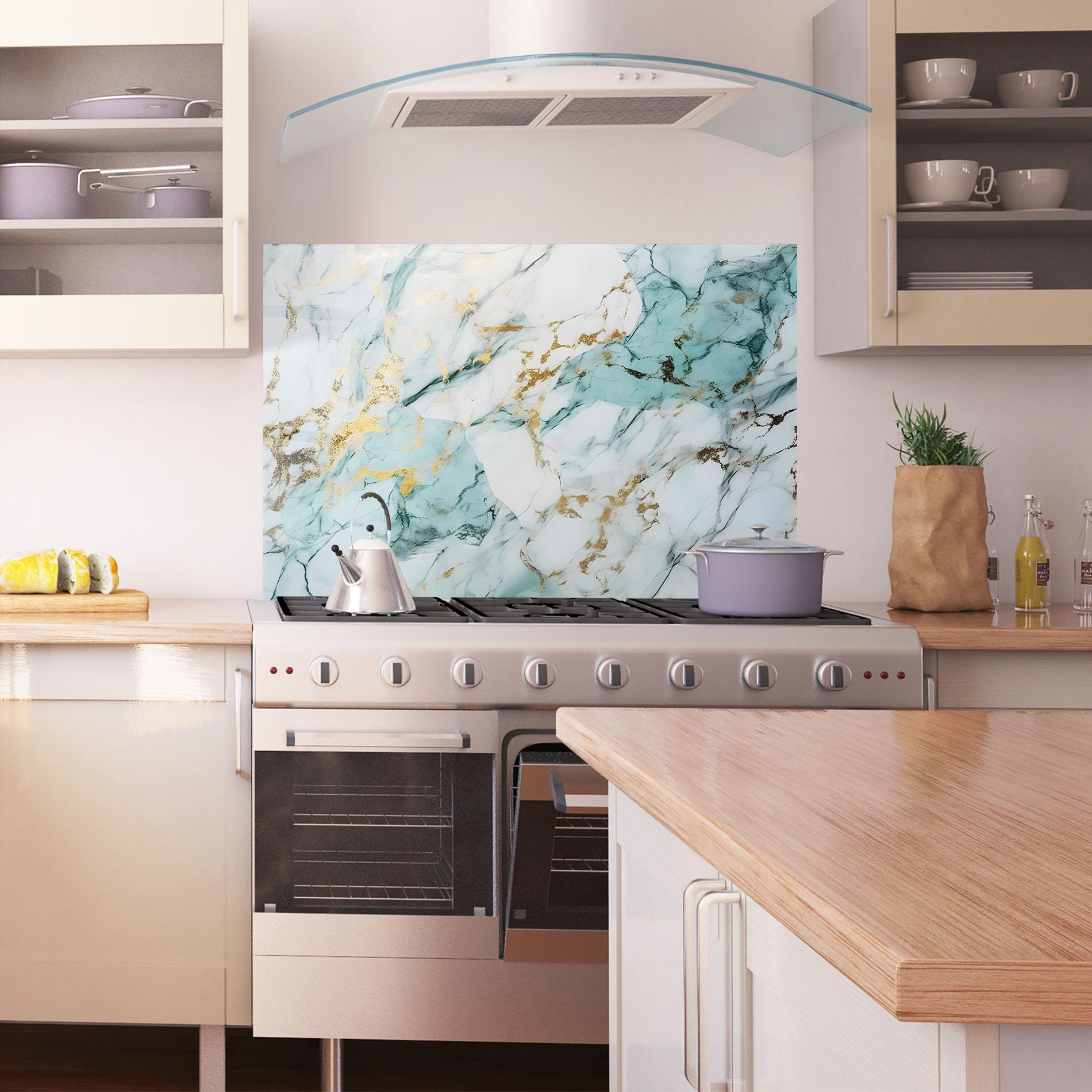 Стъклен панел за кухня Light Green Gold Line mockup 1