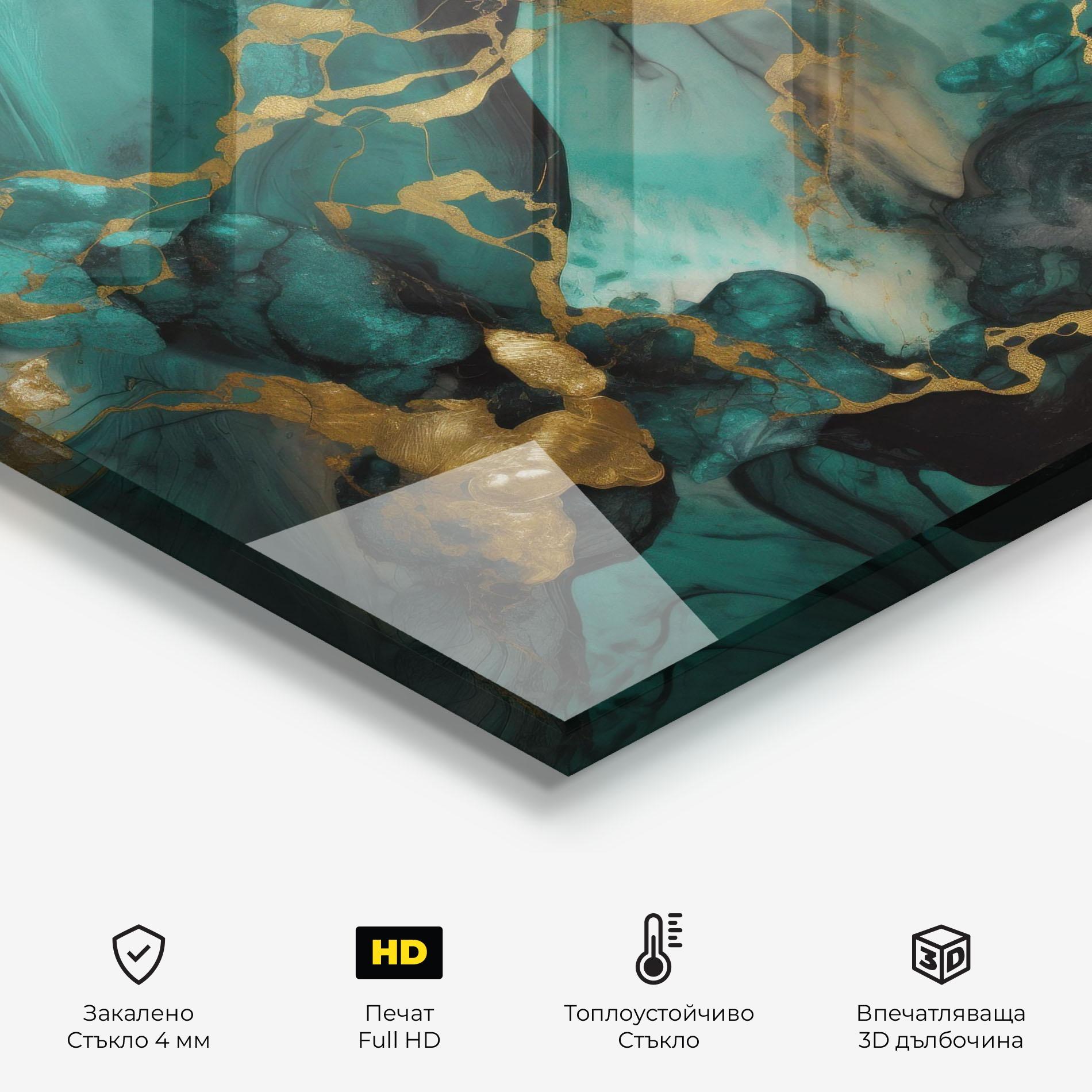 Стъклен панел за кухня Dark Green Golden Marble mockup 2