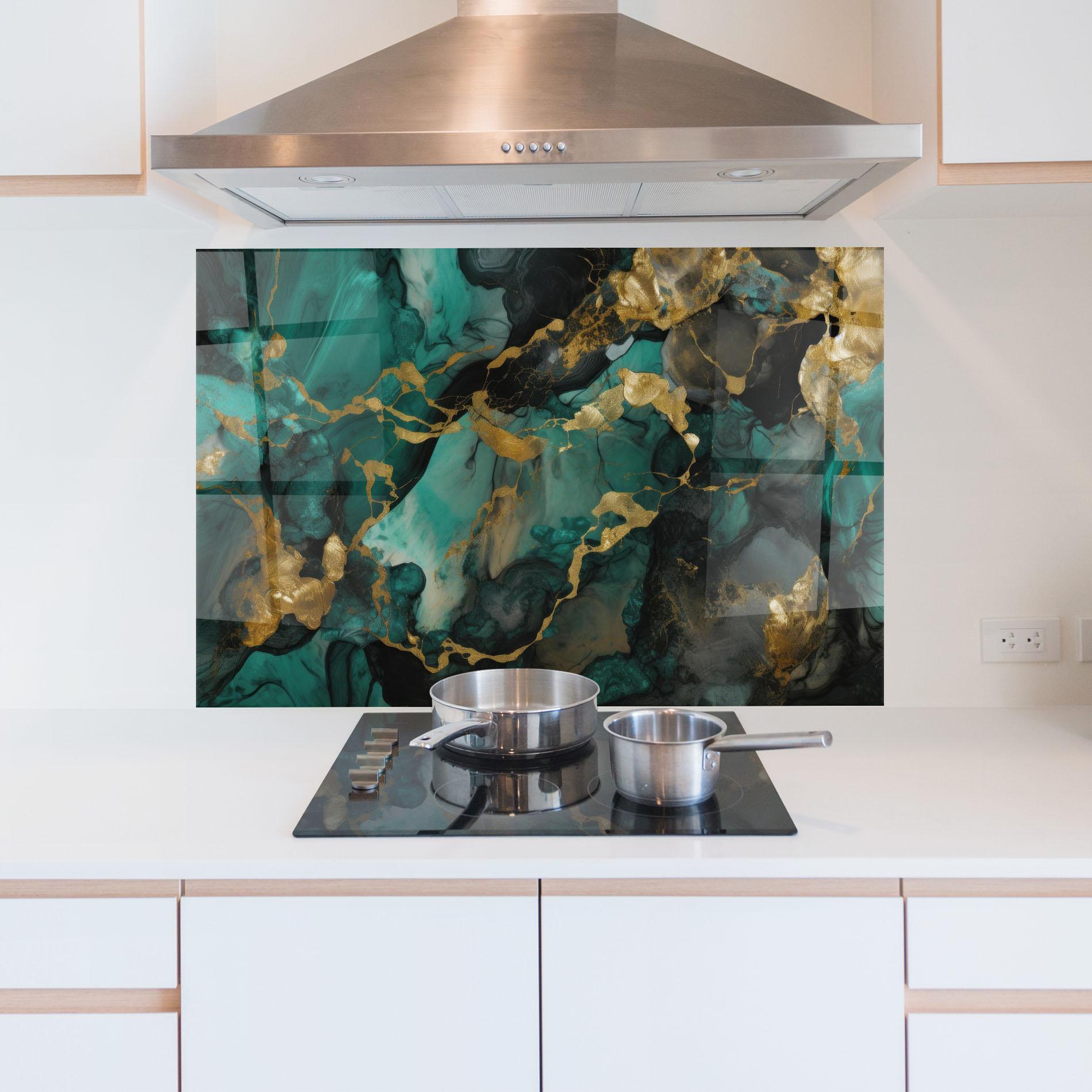 Стъклен панел за кухня Dark Green Golden Marble mockup 5