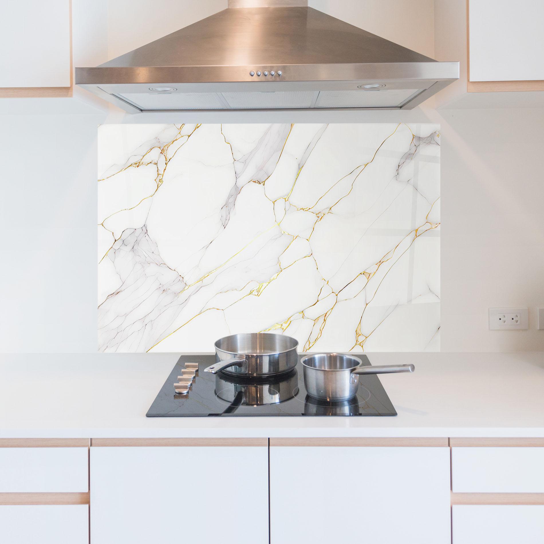 Стъклен панел за кухня White Grey Golden Lines mockup 5