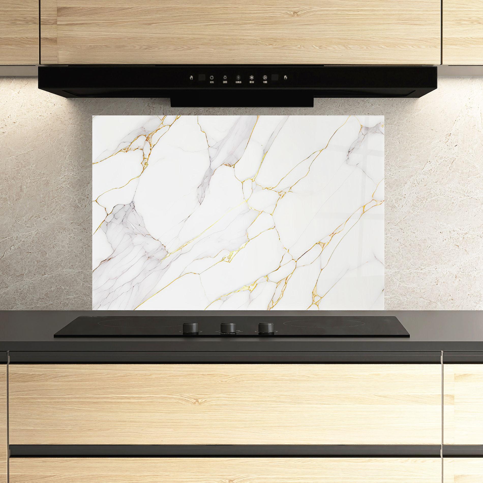 Стъклен панел за кухня White Grey Golden Lines mockup 3