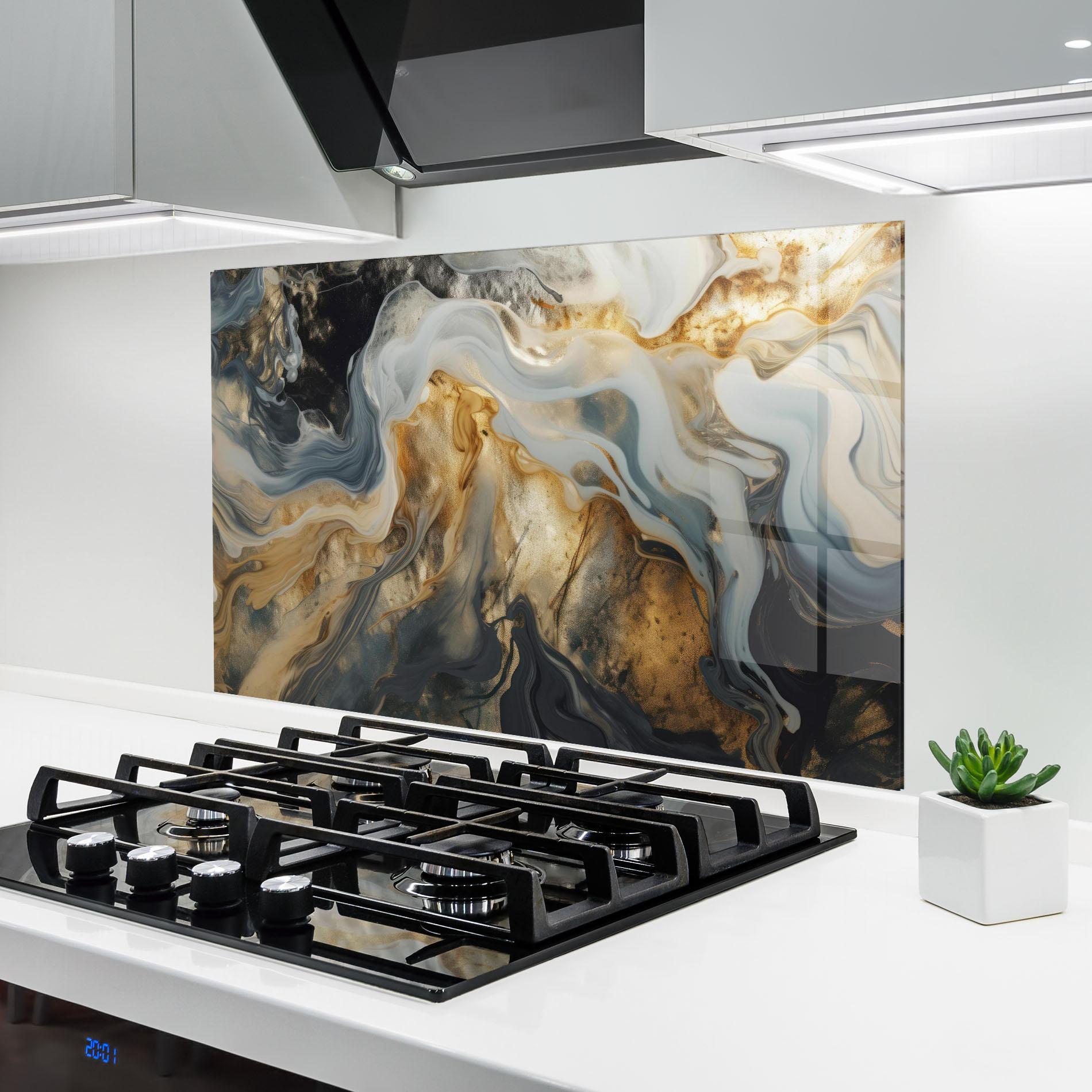 Стъклен панел за кухня Grey Gold Liquid Marble mockup 6