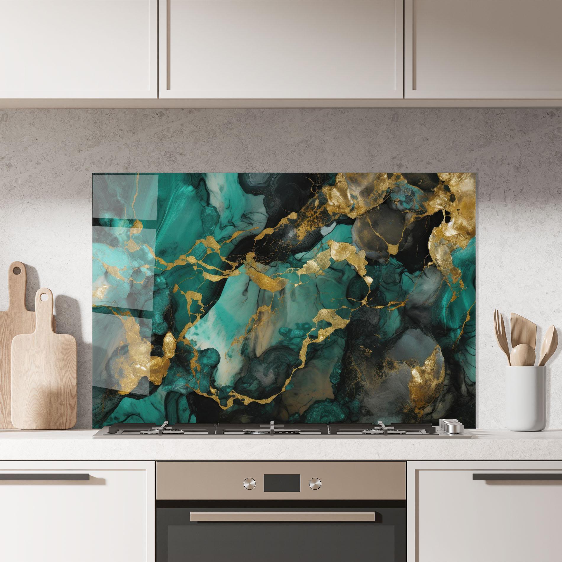 Стъклен панел за кухня Dark Green Golden Marble mockup 7