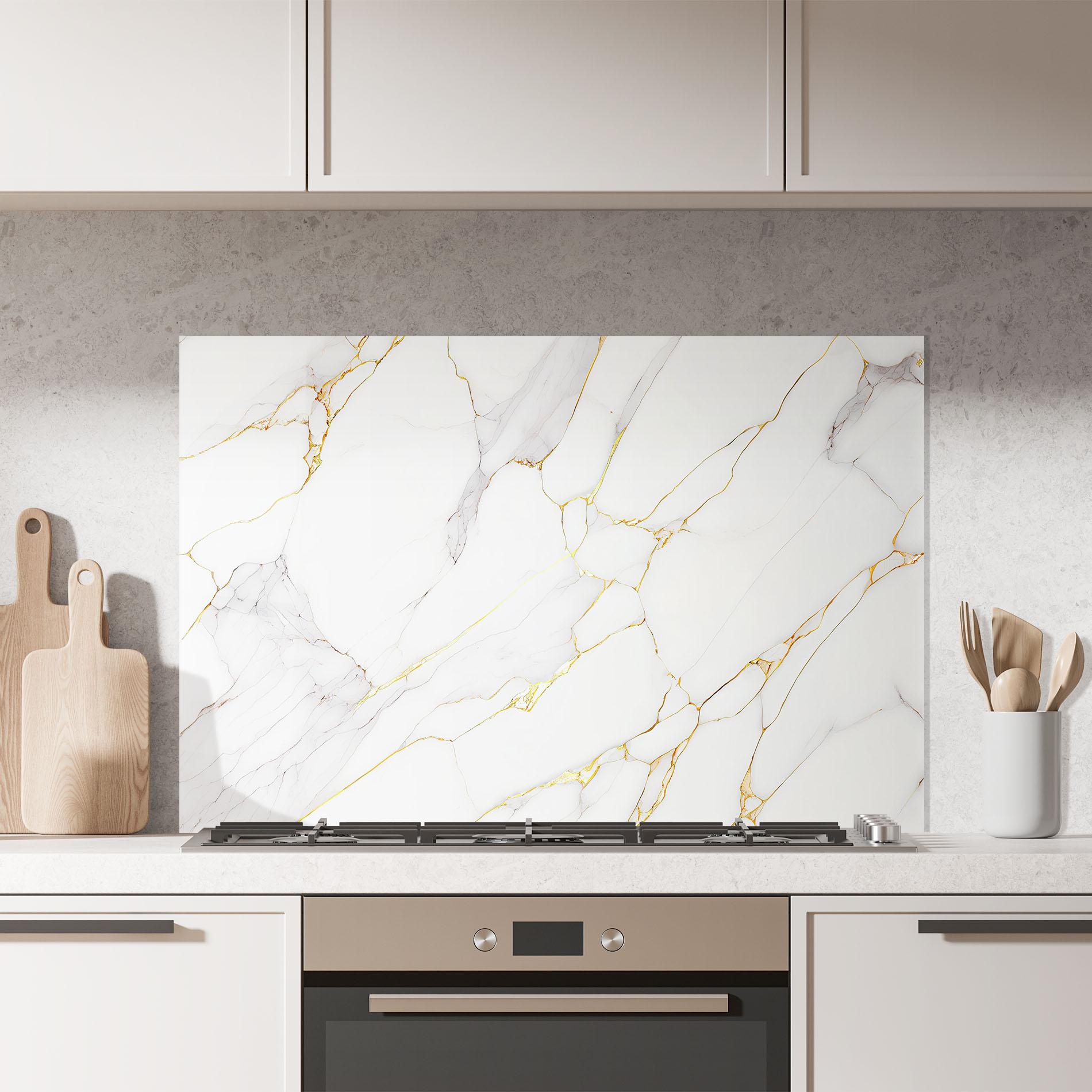 Стъклен панел за кухня White Grey Golden Lines mockup 7