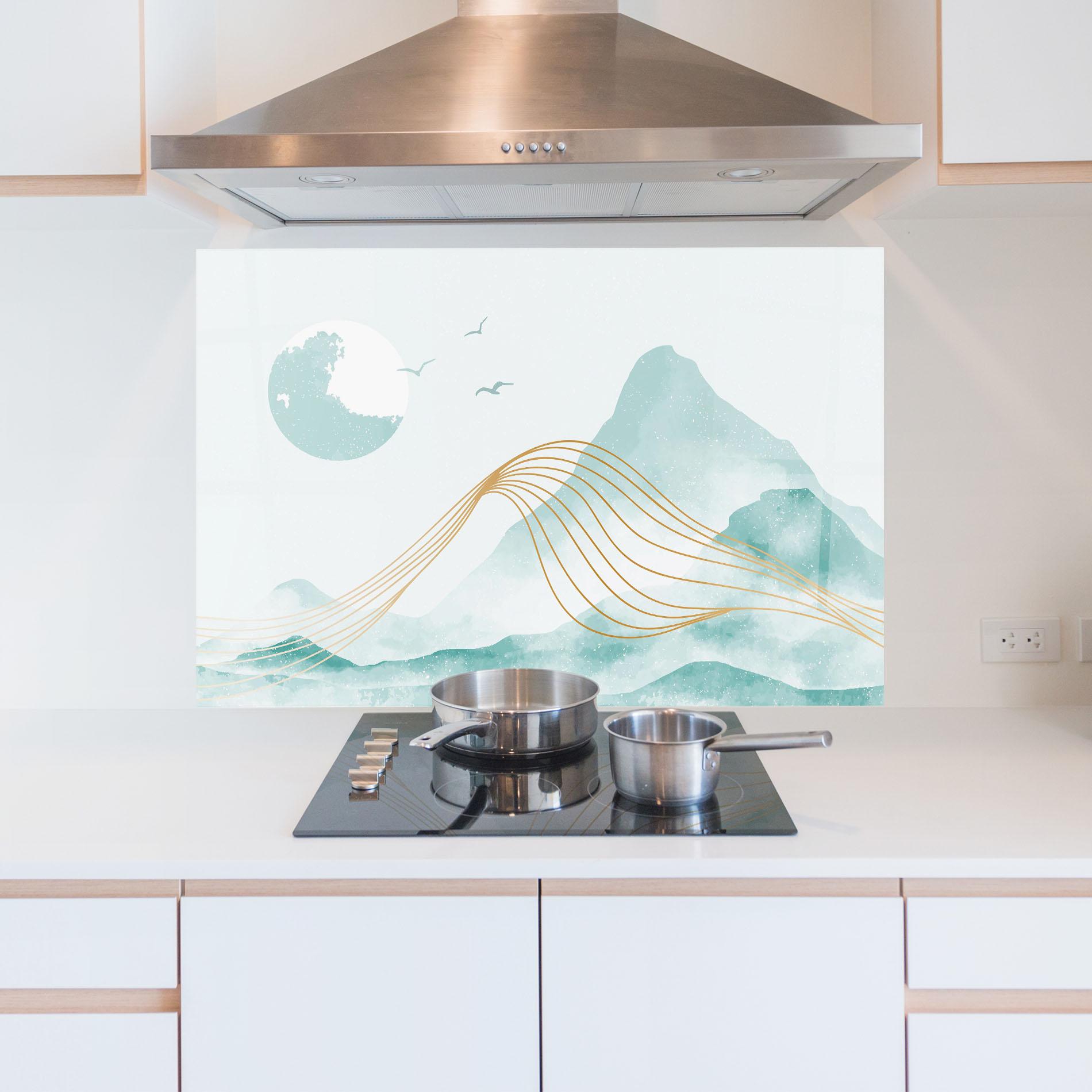 Стъклен панел за кухня Gold Line Mountain mockup 5