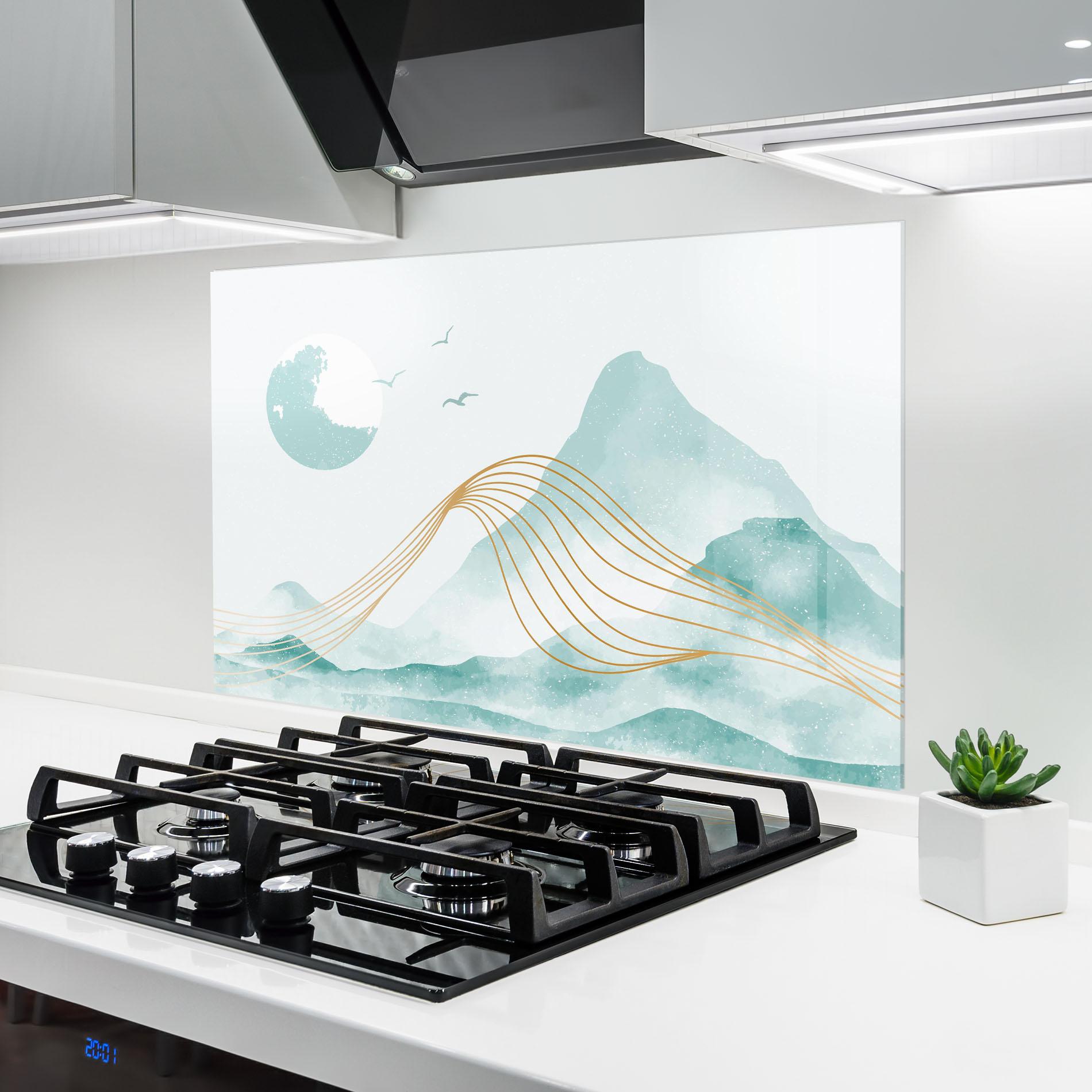 Стъклен панел за кухня Gold Line Mountain mockup 6