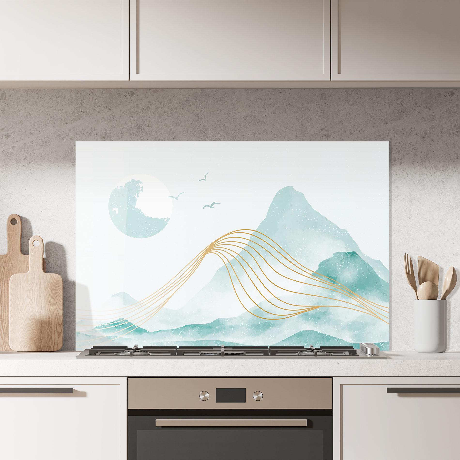 Стъклен панел за кухня Gold Line Mountain mockup 7