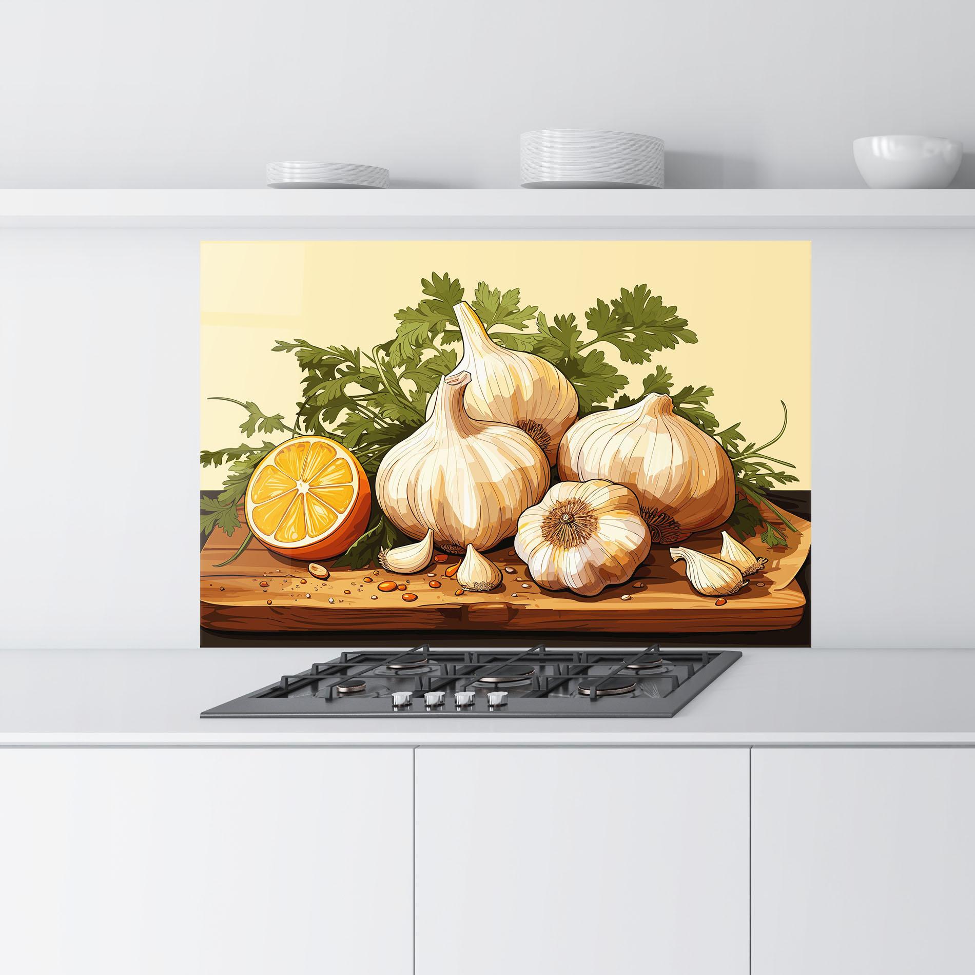Стъклен панел за кухня Garlic Lemon mockup 9