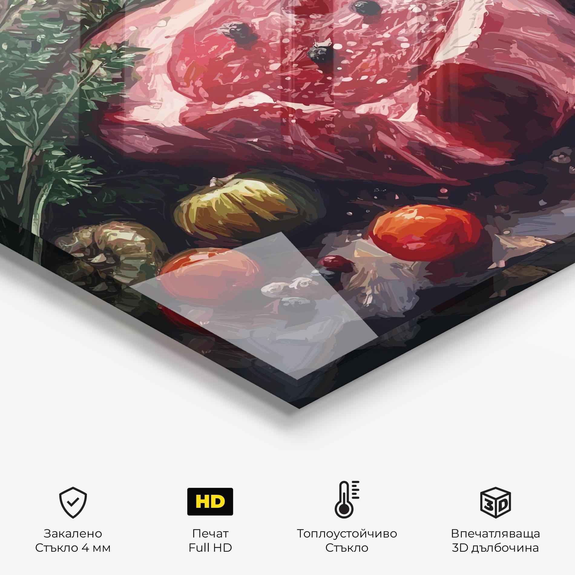 Стъклен панел за кухня Meat With Tomatoes mockup 2