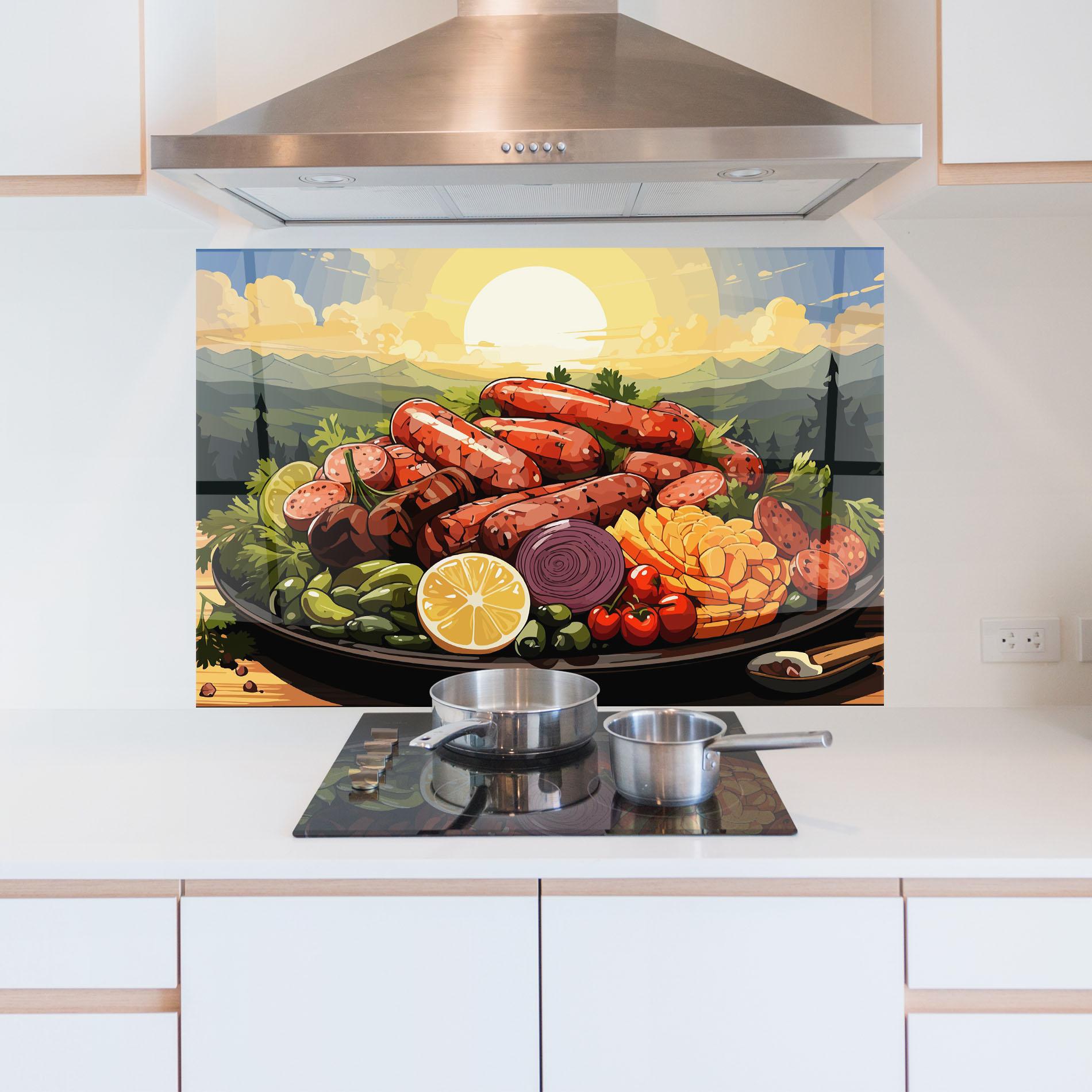 Стъклен панел за кухня Sunset Sousages mockup 5