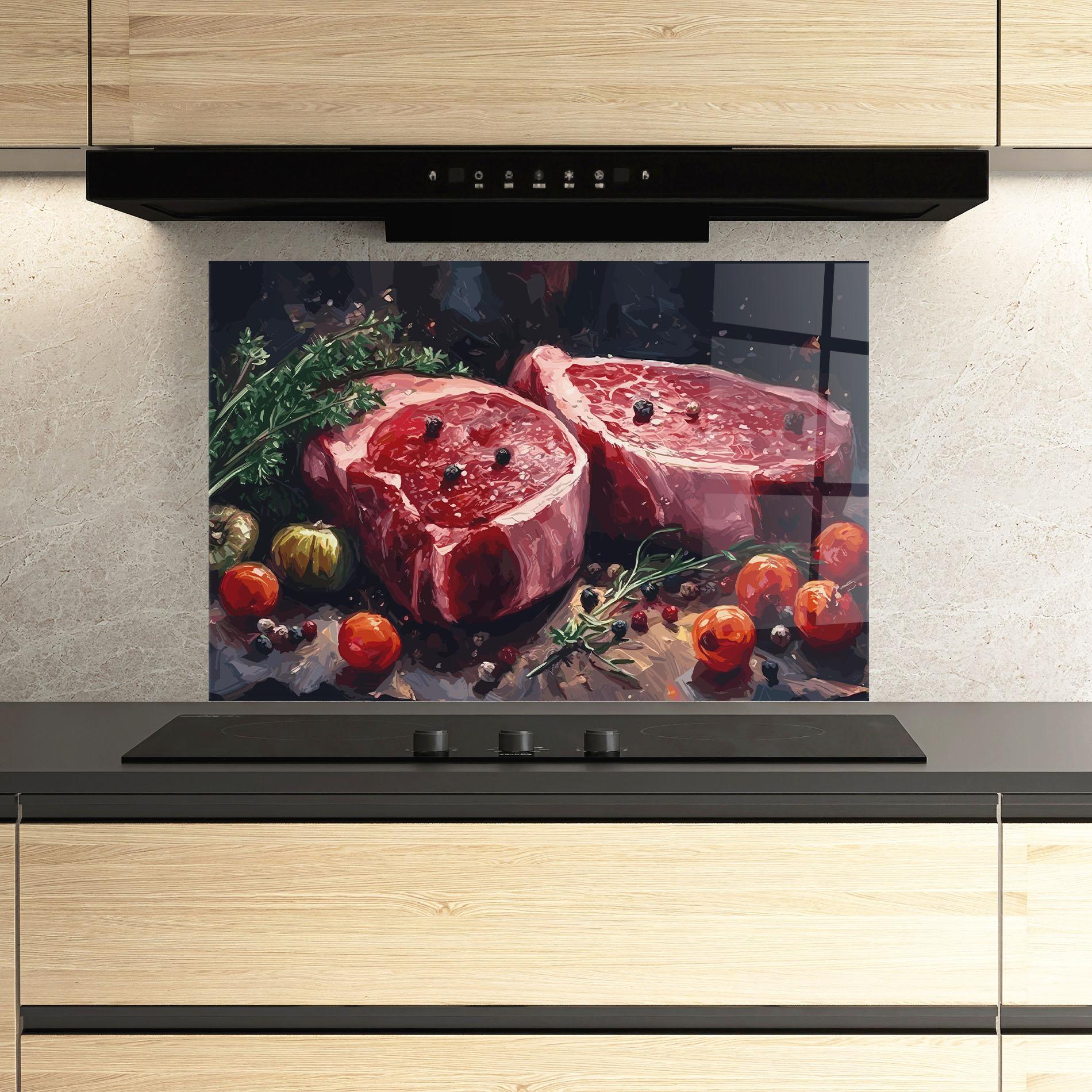 Стъклен панел за кухня Meat With Tomatoes mockup 3
