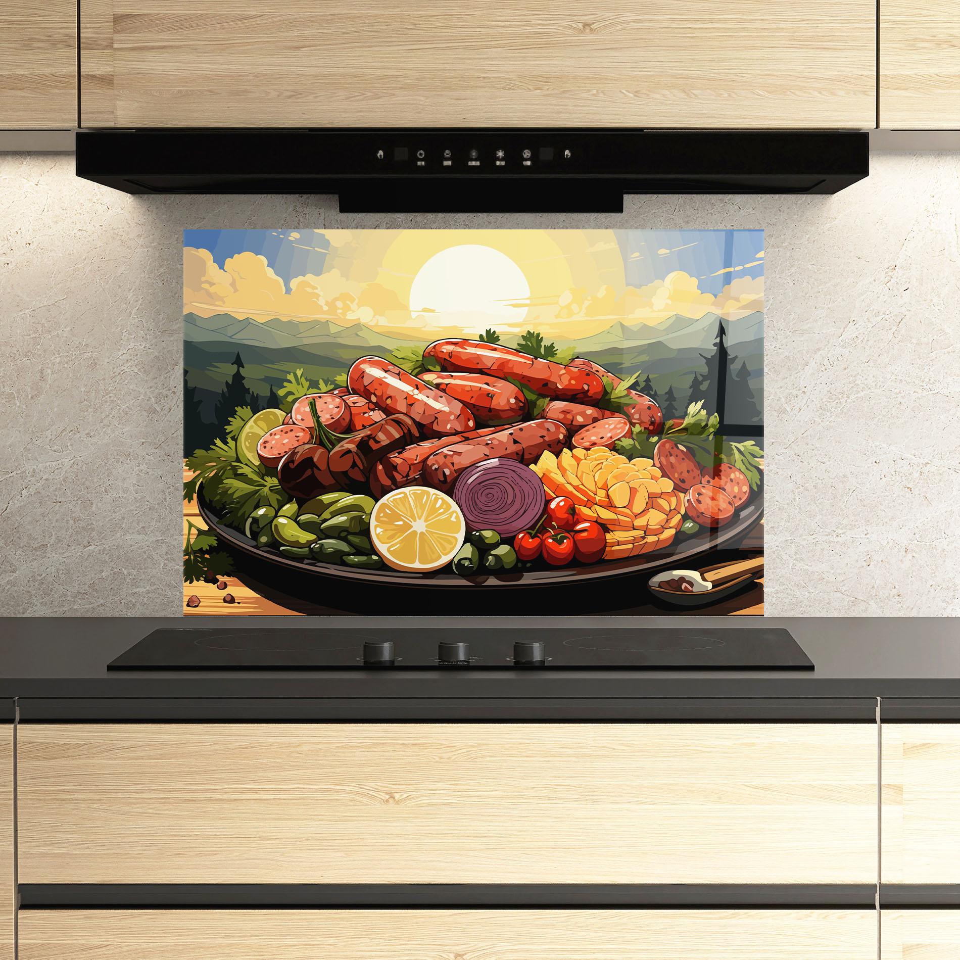 Стъклен панел за кухня Sunset Sousages mockup 3