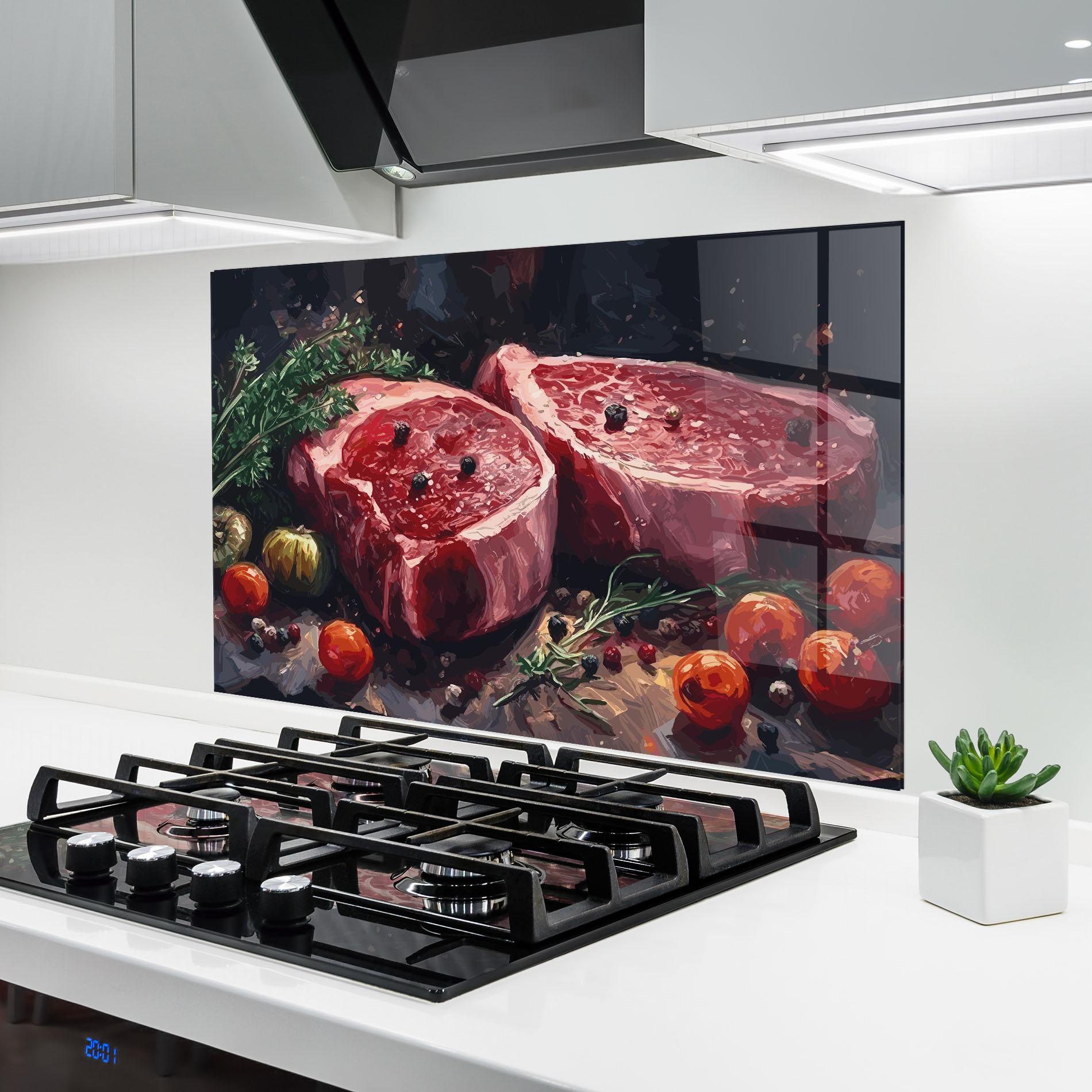 Стъклен панел за кухня Meat With Tomatoes mockup 6