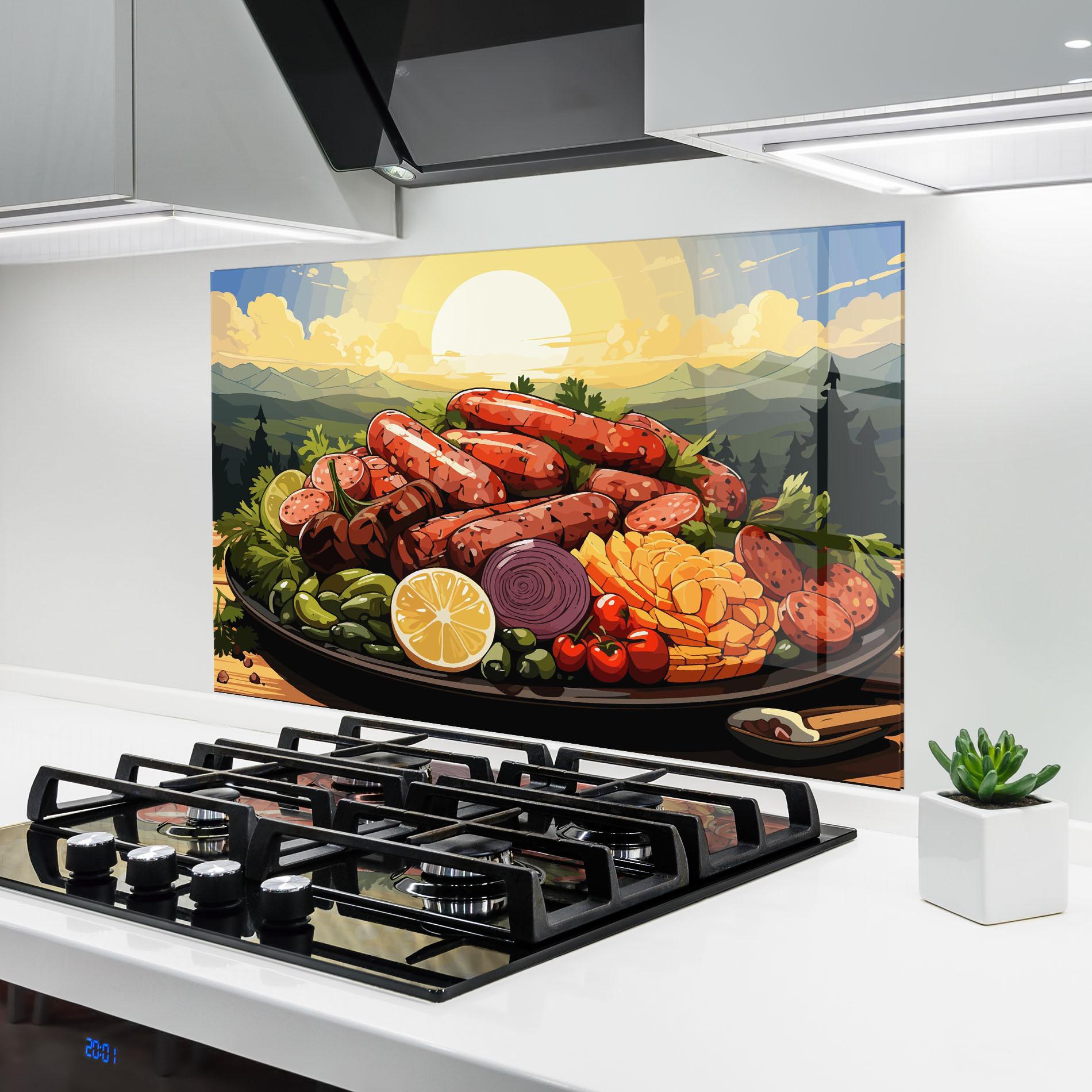 Стъклен панел за кухня Sunset Sousages mockup 6