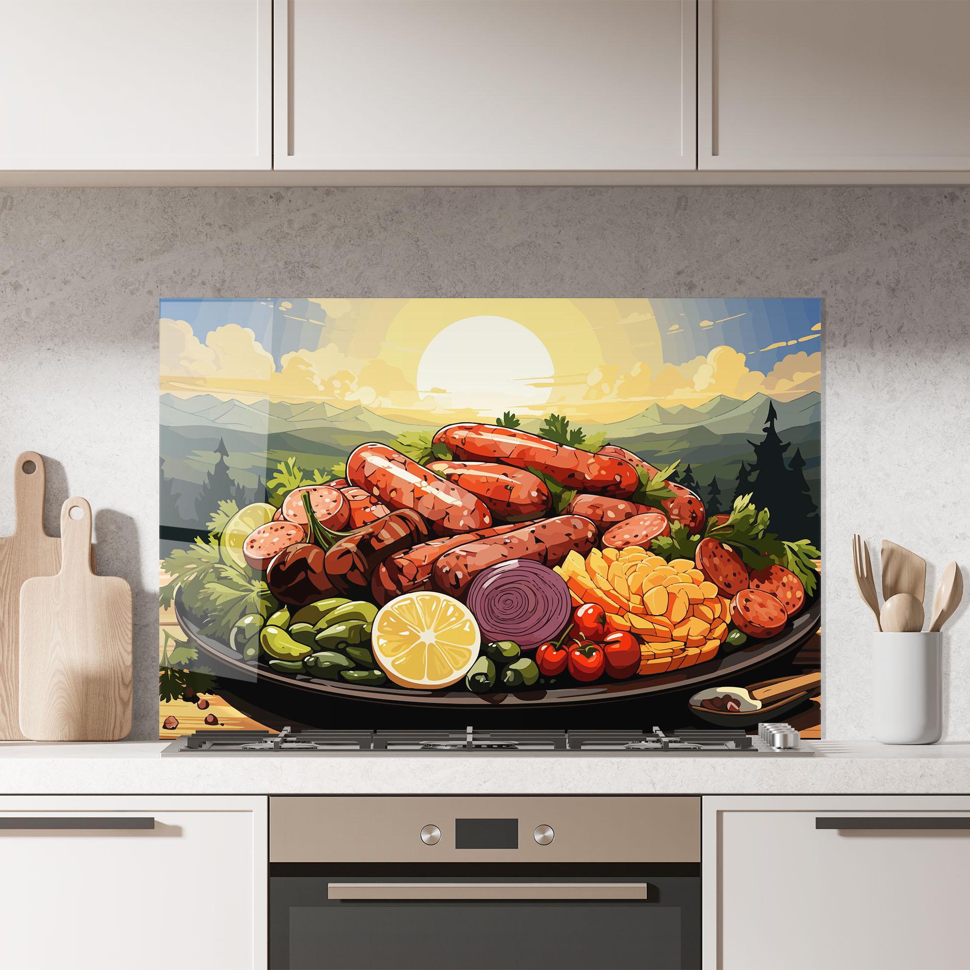 Стъклен панел за кухня Sunset Sousages mockup 7