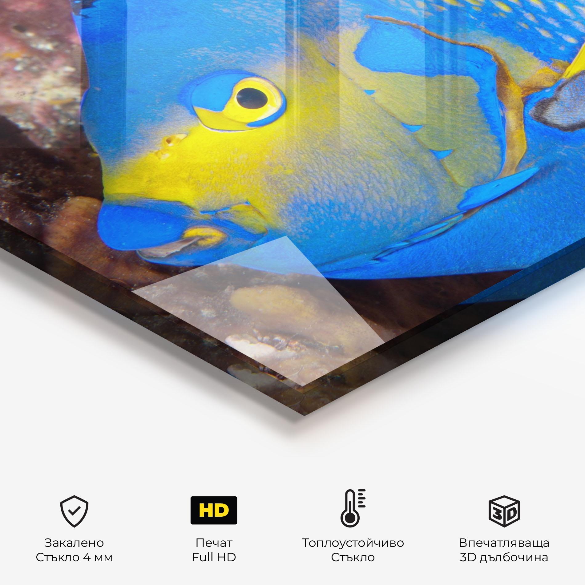 Стъклен панел за кухня Blue Yellow Fish mockup 2