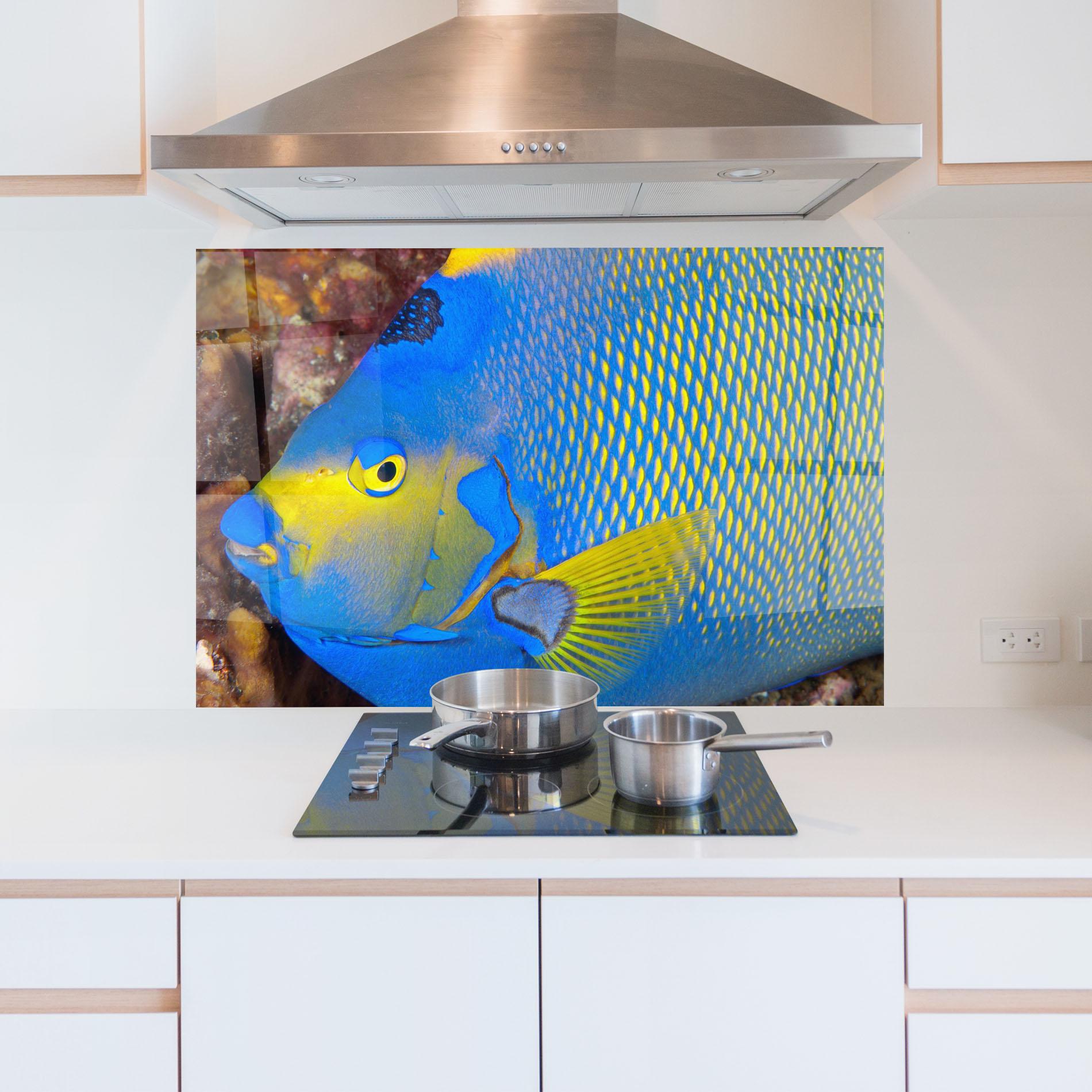 Стъклен панел за кухня Blue Yellow Fish mockup 5