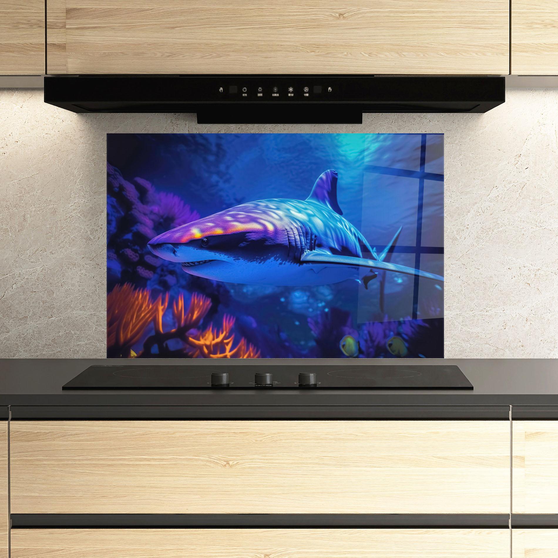 Стъклен панел за кухня Blue Light Shark mockup 3